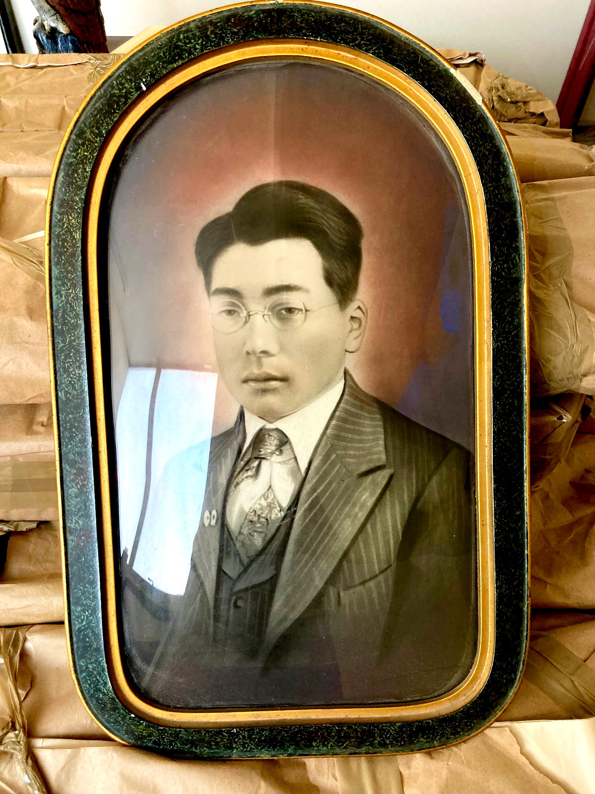 Antique Oval  Frame/ Convex Bubble Glass/ Portrait Of Asian Gentleman/
