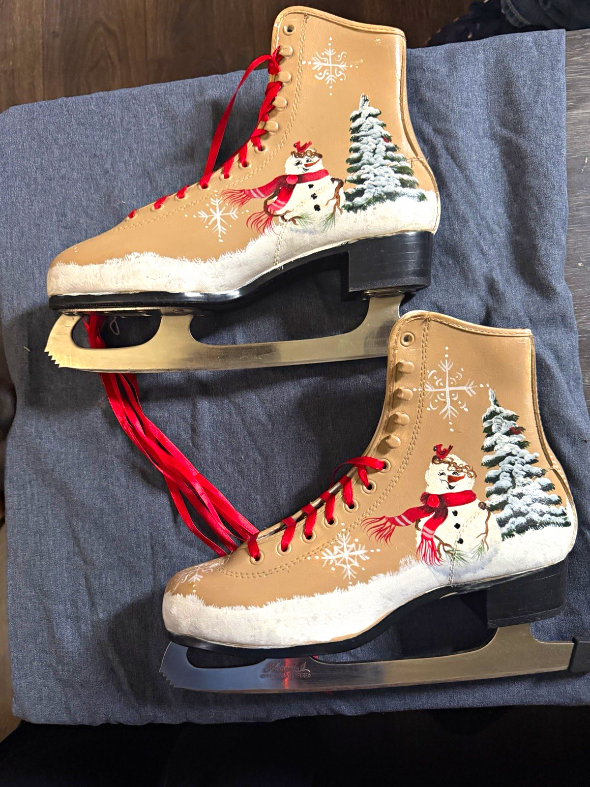 Vintage Hand Painted Ice Skates Snowman Christmas Winter Decor Red Ribbon