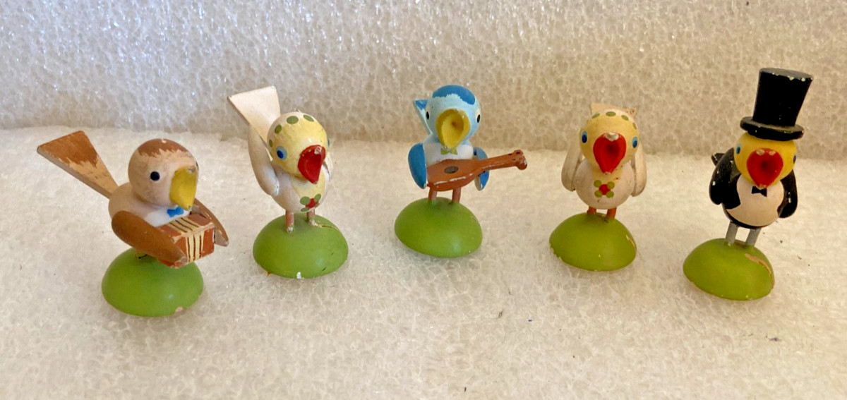 Erzgebirge German Birds Miniature Musical Singing Wood Figures Lot of 5 Vintage