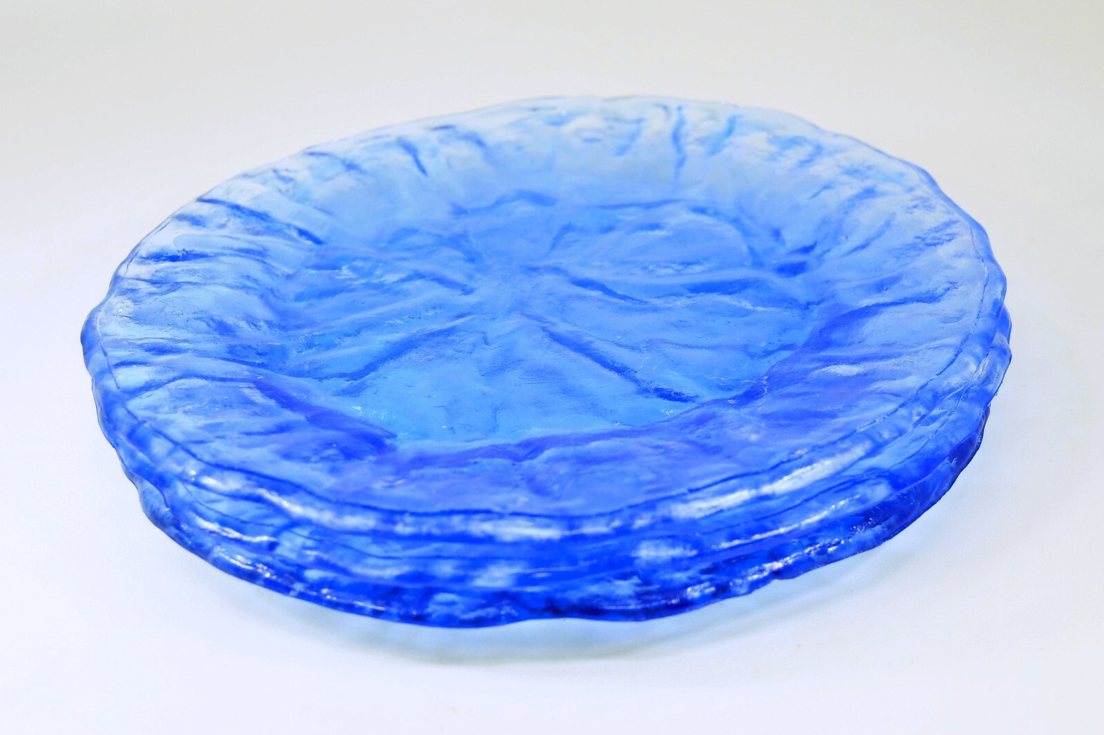 3 Morgantown Crinkle Glass Blue Salad Dessert Plates El Mexicano Pattern 7.5 3 Morgantown Crinkle Glass Blue Salad Dessert Plates El Mexicano Pattern 7.5