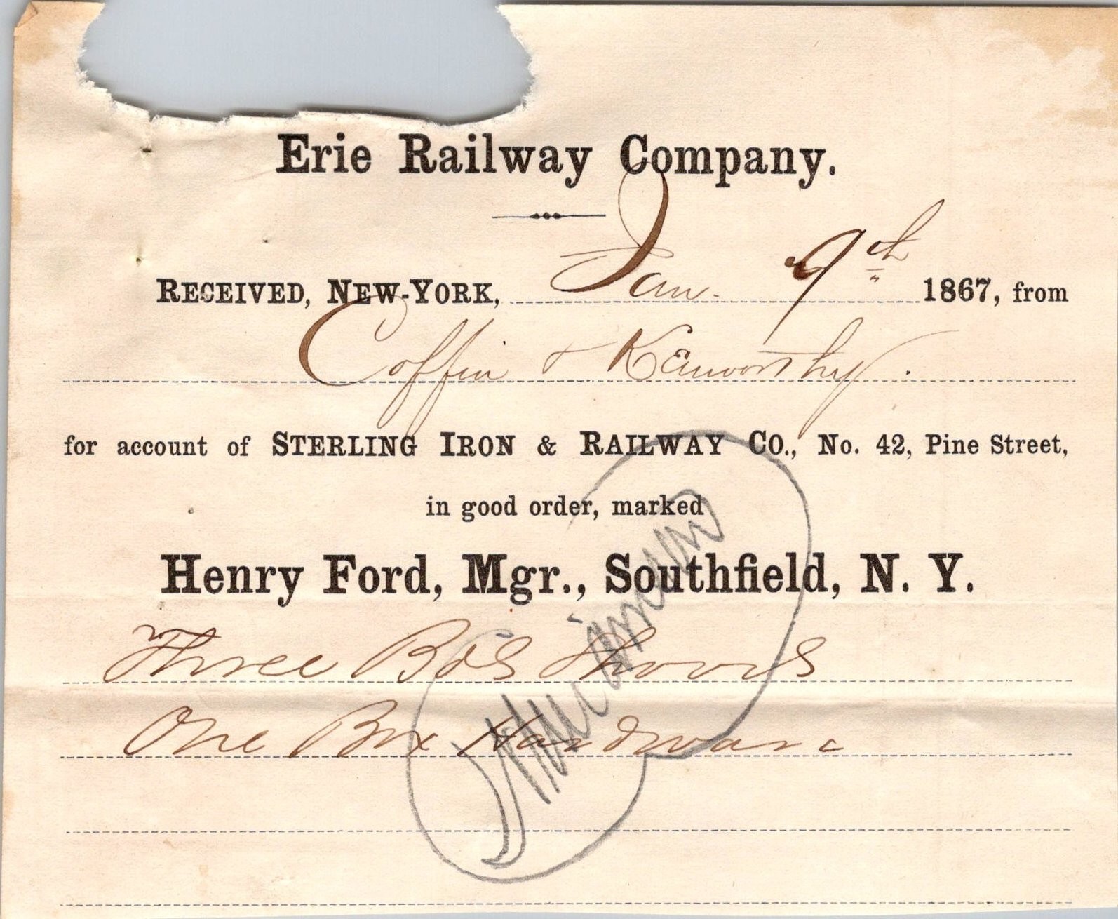 Erie Railway Co 1867 Henry Ford Southfield NY Antique Letterhead Billhead TC24 Erie Railway Co 1867 Henry Ford Southfield NY Antique Letterhead Billhead TC24