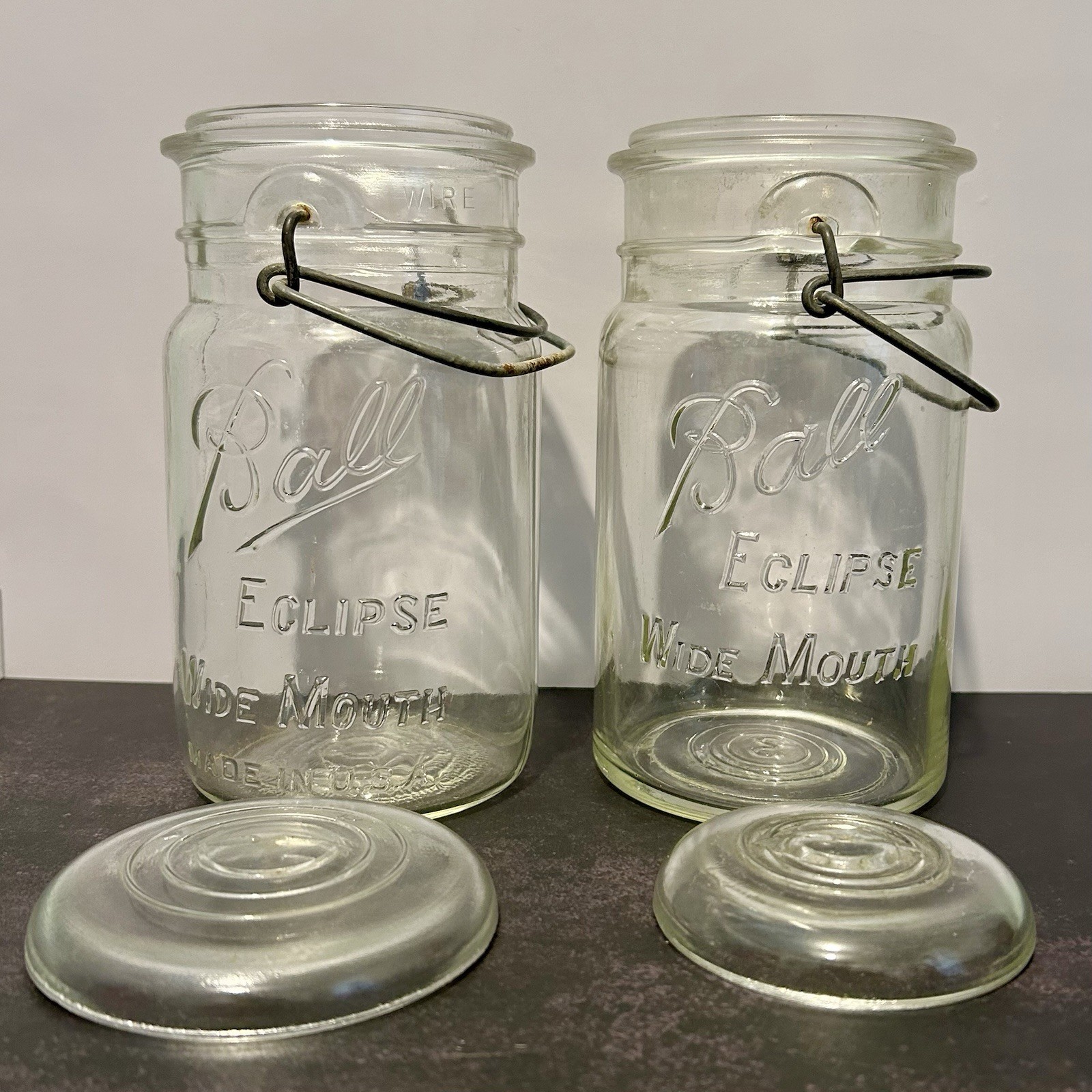 VTG 4 Pc LOT Ball Eclipse Wide Mouth Quart Canning Jars Glass Lids Wire Bails