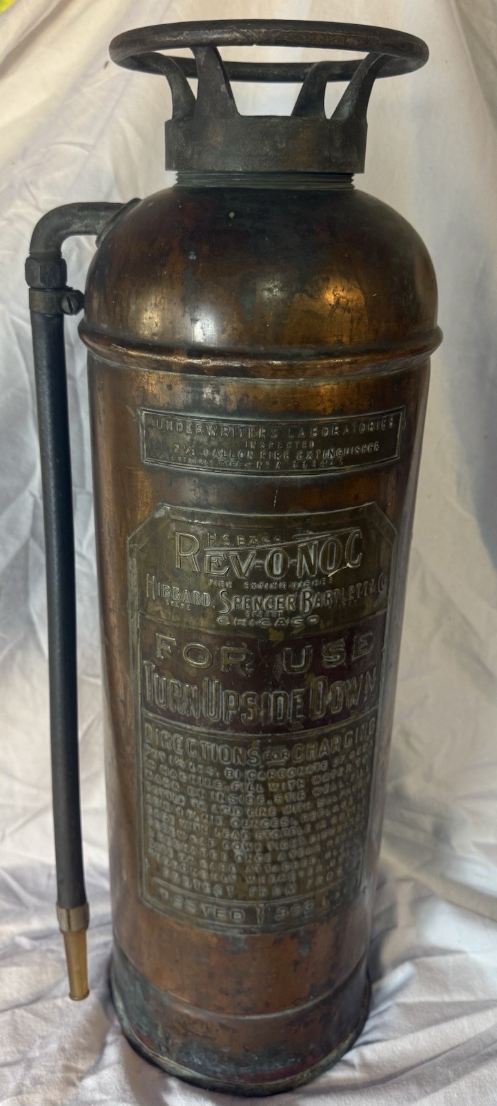 Antique Vintage Rev-O-Noc Copper & Brass Fire Extinguisher  2.5 Gallons RARE