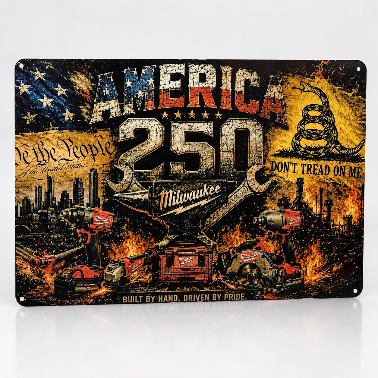 Milwaukee America 250 Patriotic Industrial Metal Sign Wall Mounted Horizontal