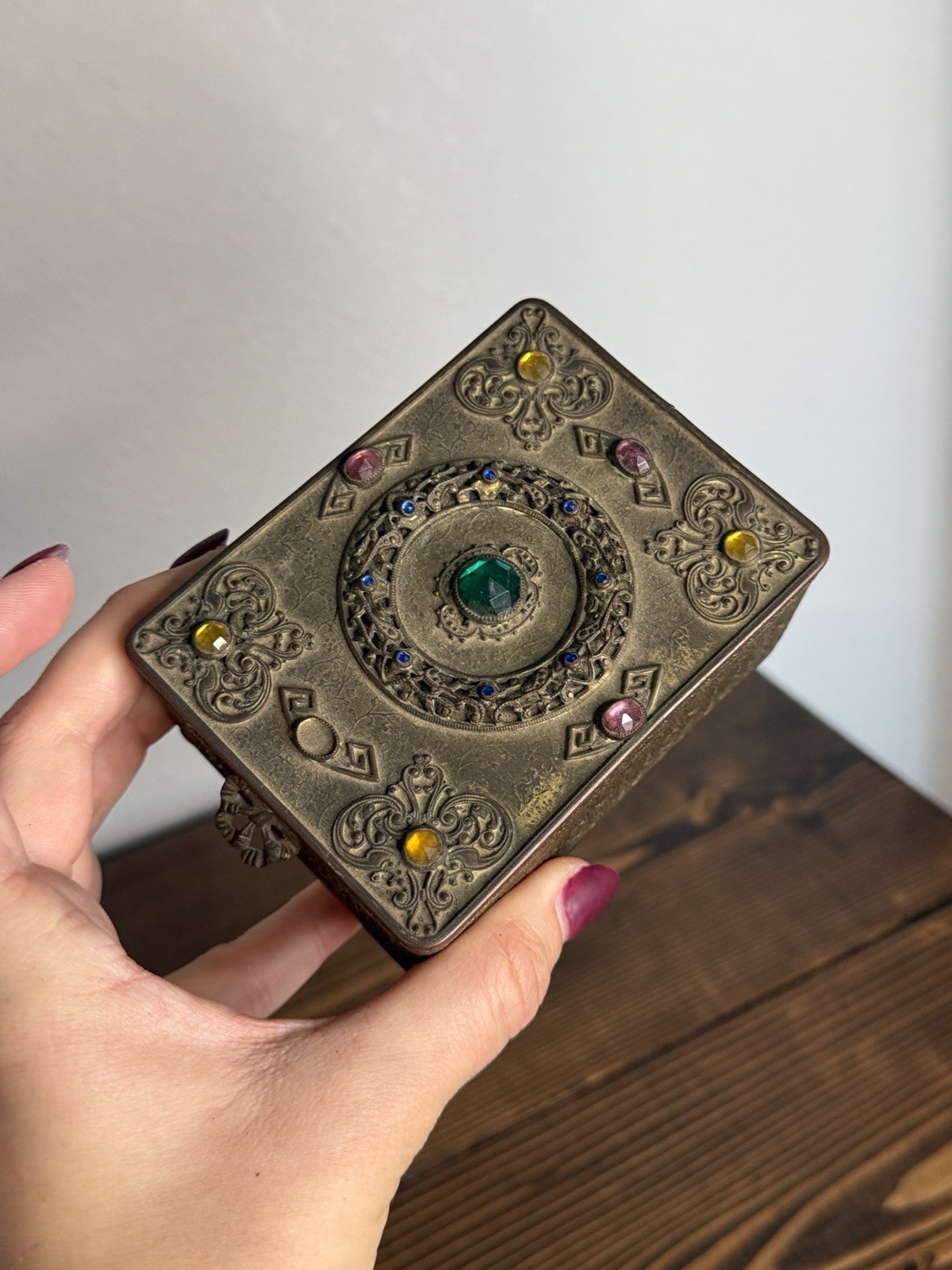 Antique E & J B Empire Art Gold Jeweled Vanity Box Ornate Brass Broken