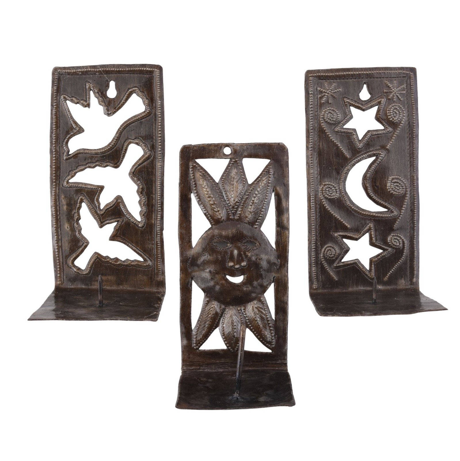 Set 3 Haitian Metal Wall Sconce Tea Light Holders Sun Moon Dove Folk Art Decor