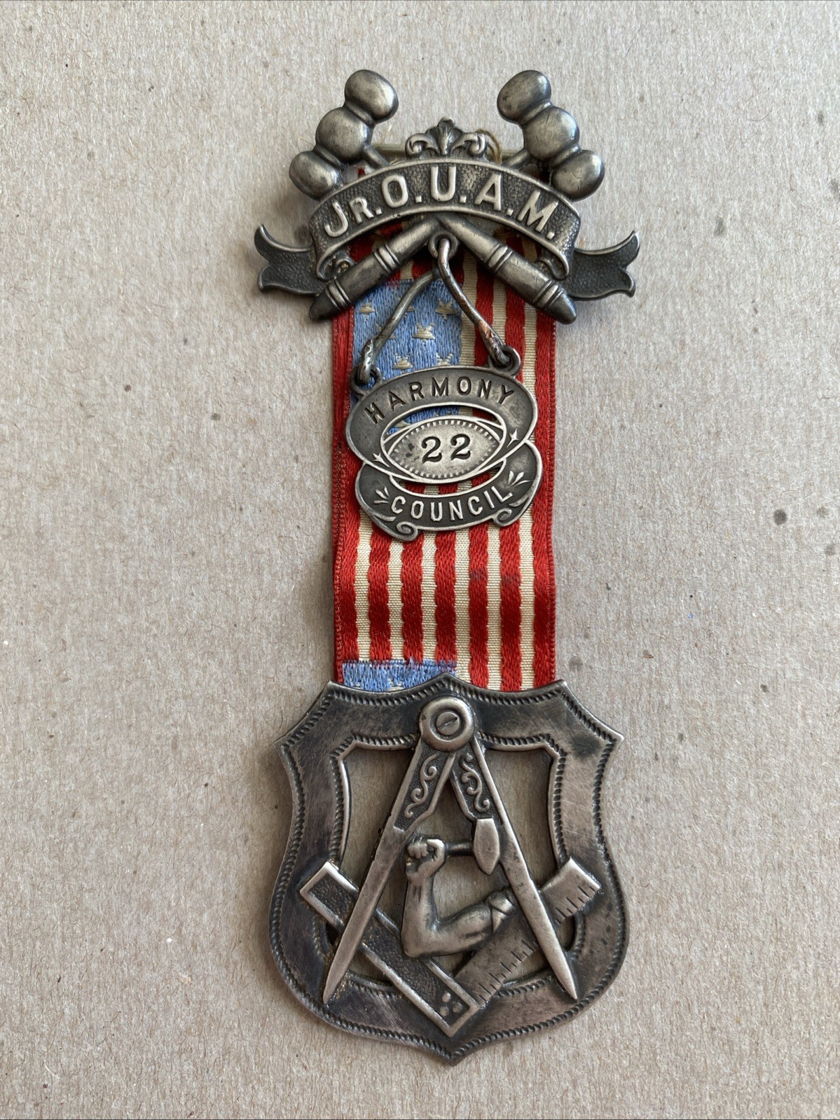 Jr O.U.A.M Order Medal United Amer Mechanics Fraternal Pin 1892 Sterling Stamped