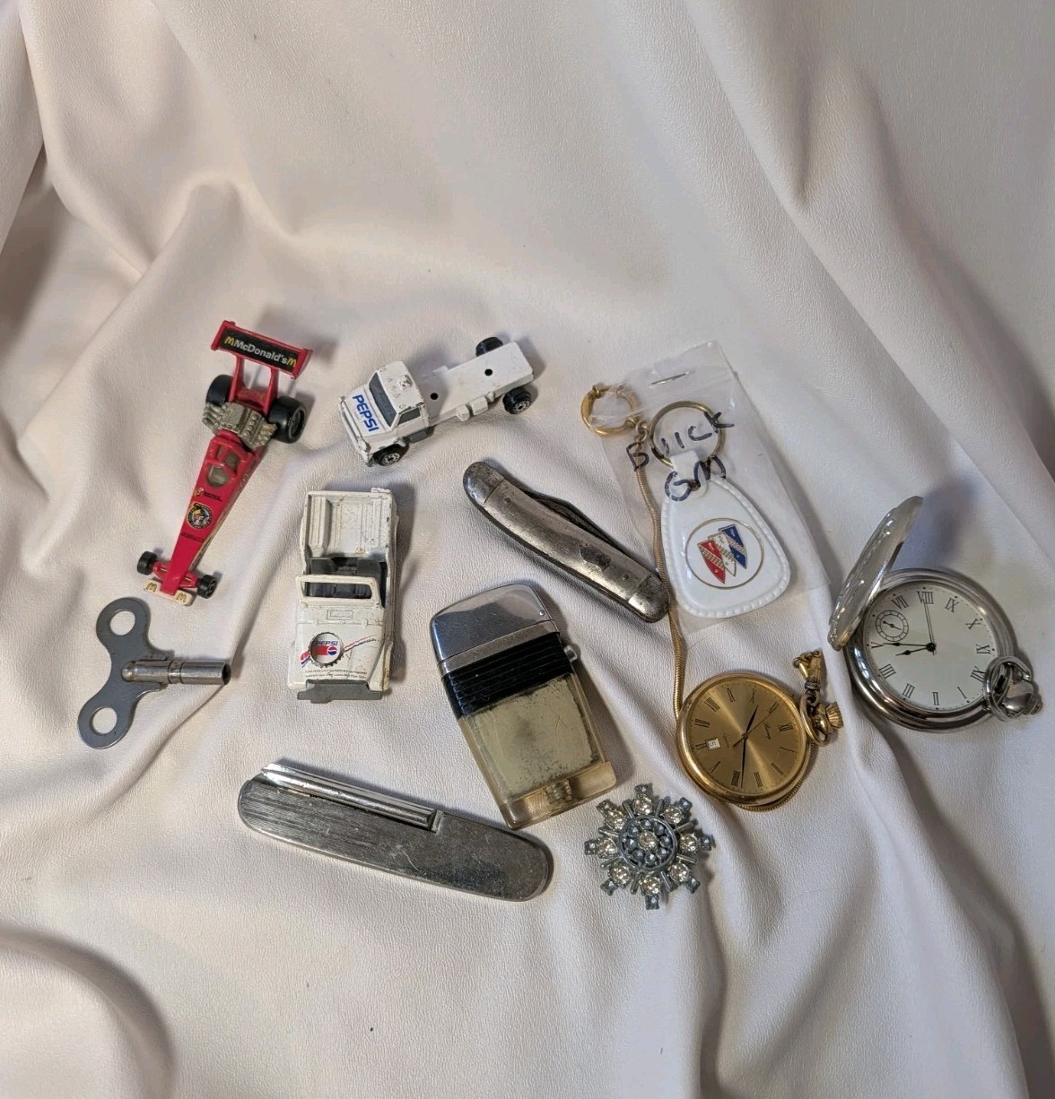 Vintage Junk Drawer Lot, Pocket Watches, Knives, Clock Key, Lighter, Cars (E) Vintage Junk Drawer Lot, Pocket Watches, Knives, Clock Key, Lighter, Cars (E)