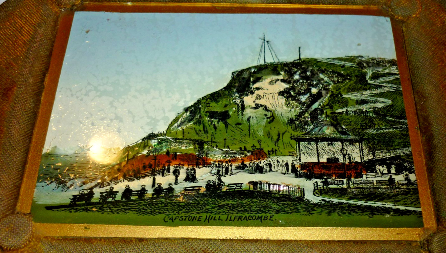 England Ilfracombe Capstone Hill Antique Reverse Glass Painting Wall Hanging 4x6