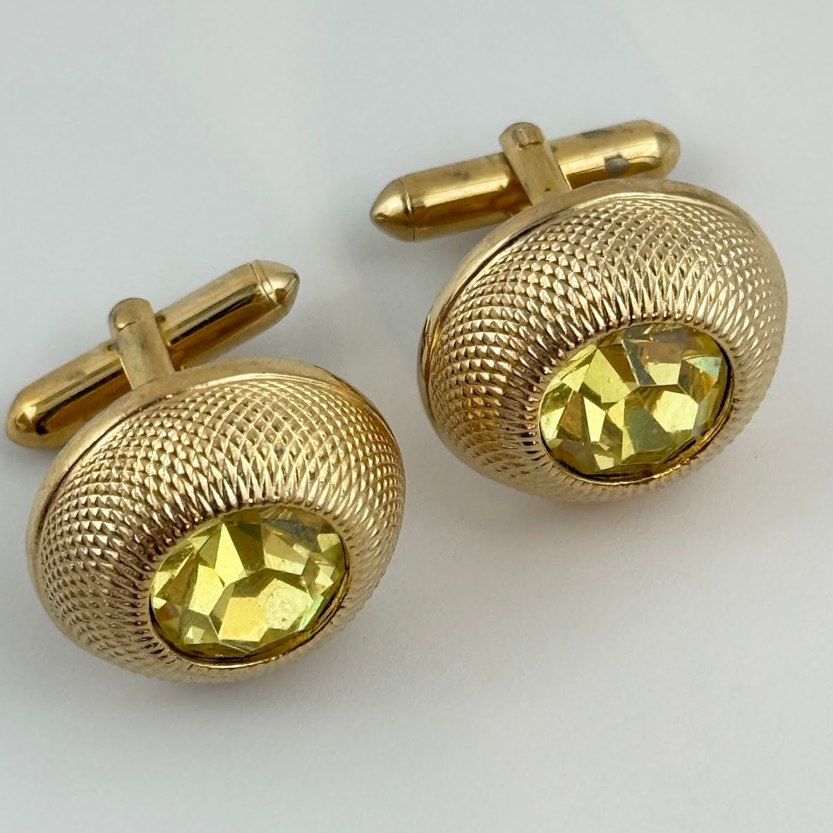 Vtg Gold Tone Oval Cufflinks Yellow Faceted Stone Textured Retro Style