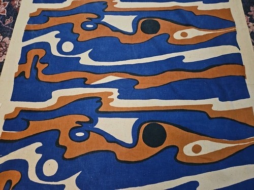 Vintage Blue Brown MCM Upholstery Fabric Psychedelic Mary Wolff Handprint Rare