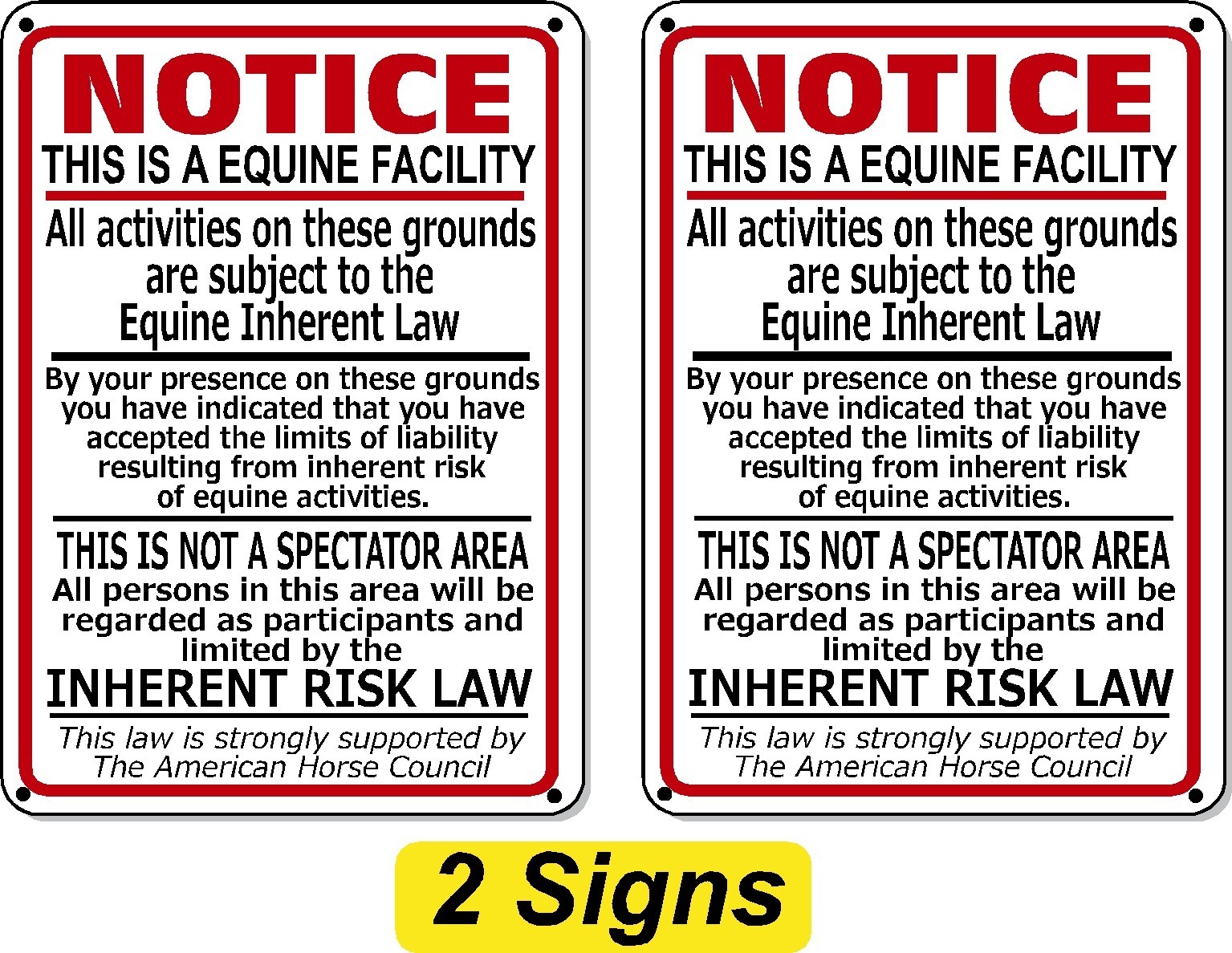 (2 Pack) Supplemental Equine Liability Sign warning statute horse barn stable 