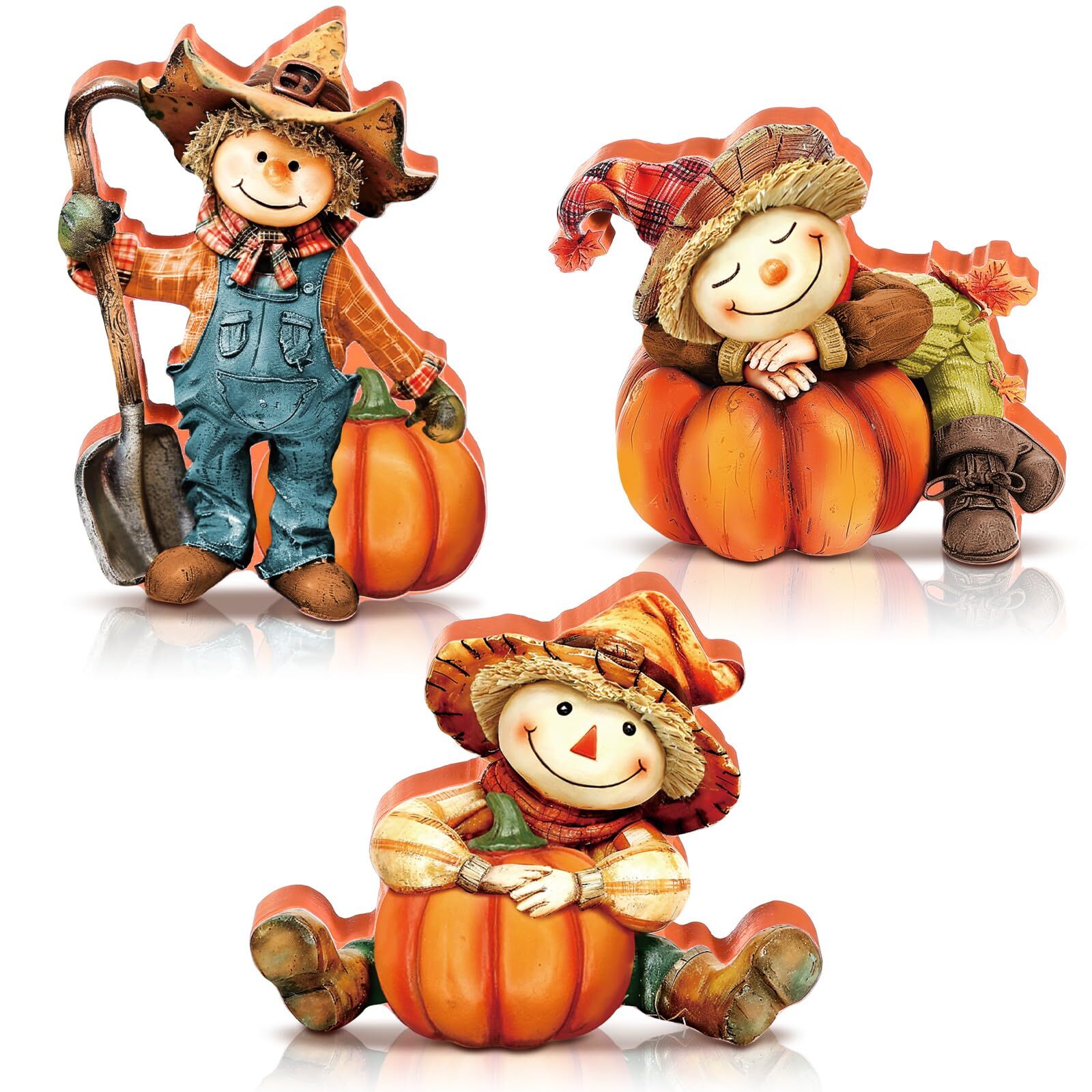 3 PCS Fall Harvest Scarecrow Figurines with Pumpkin Thanksgiving Table Decor