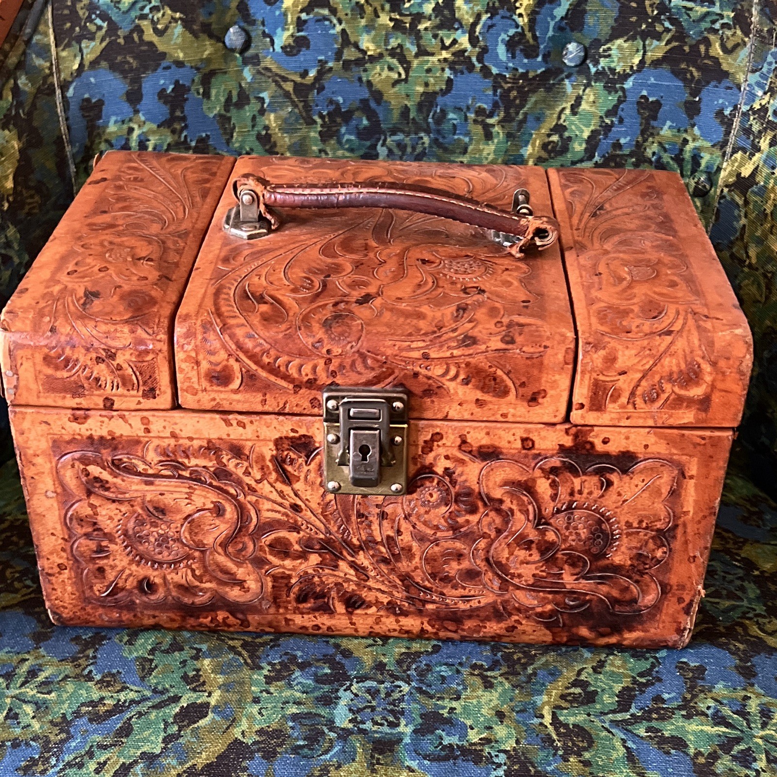 Vintage train travel Tooled Brown Leather Rectangle Box Floral Pattern