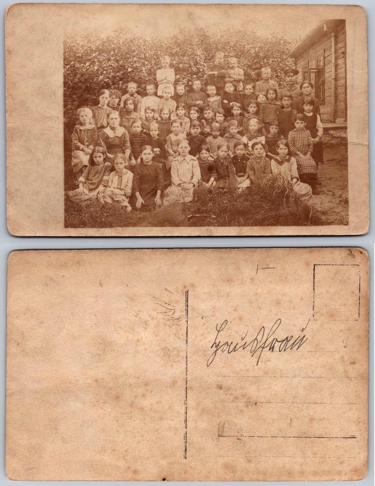 School Children Group Portrait Rural Building Postcard