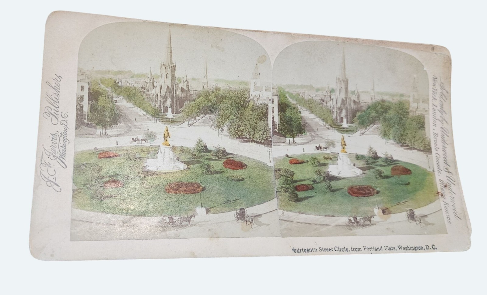 Antique Underwood Stereoview Card 14th Street Circle Washington D.C. Hand Tinted