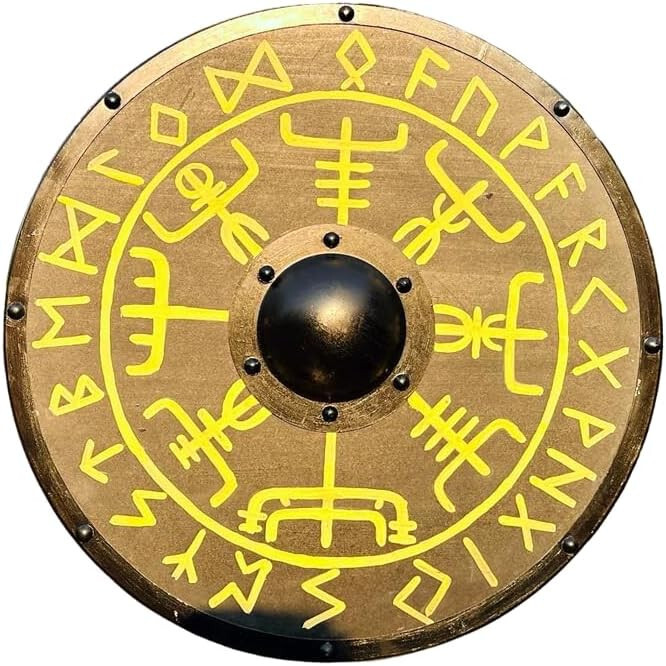 Nordic Wooden Shield Medieval Viking Shield Helm of Awe Wall Decor Halloween Cos