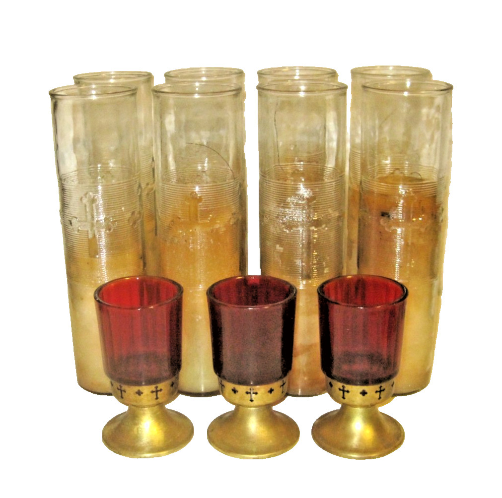 8 Vtg 1930s Christian Devotional DuraGlas Candle Holders Cross + 3 Red Votive 8 Vtg 1930s Christian Devotional DuraGlas Candle Holders Cross + 3 Red Votive