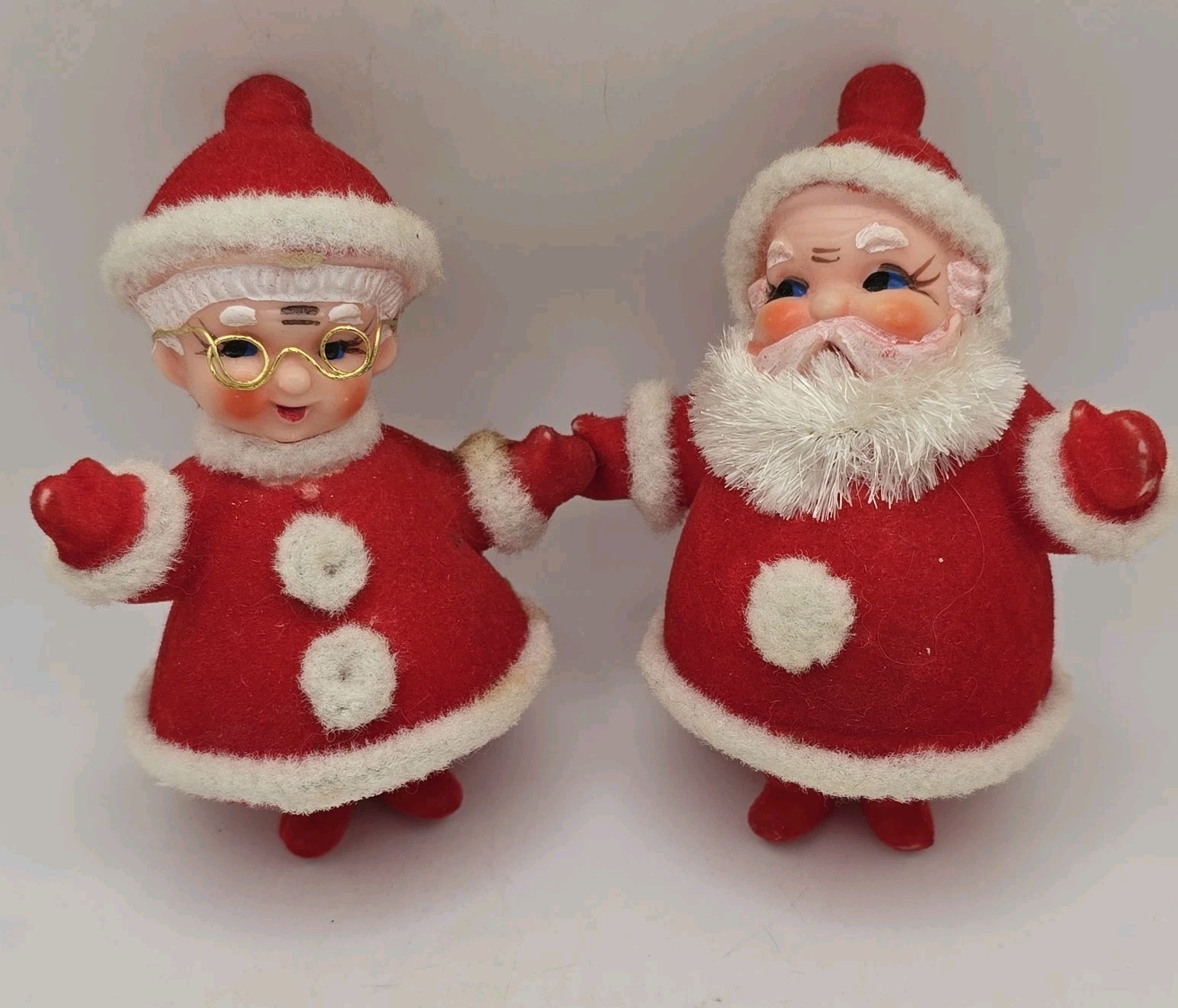 Vintage Flocked Plastic Santa Mrs Claus Christmas Figures Ornaments Assemblage
