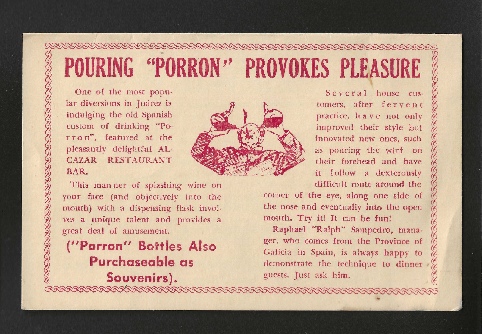 Vtg Alcazar Restaurant Juarez Mexico Porron Wine Pitcher Advertising Postcard