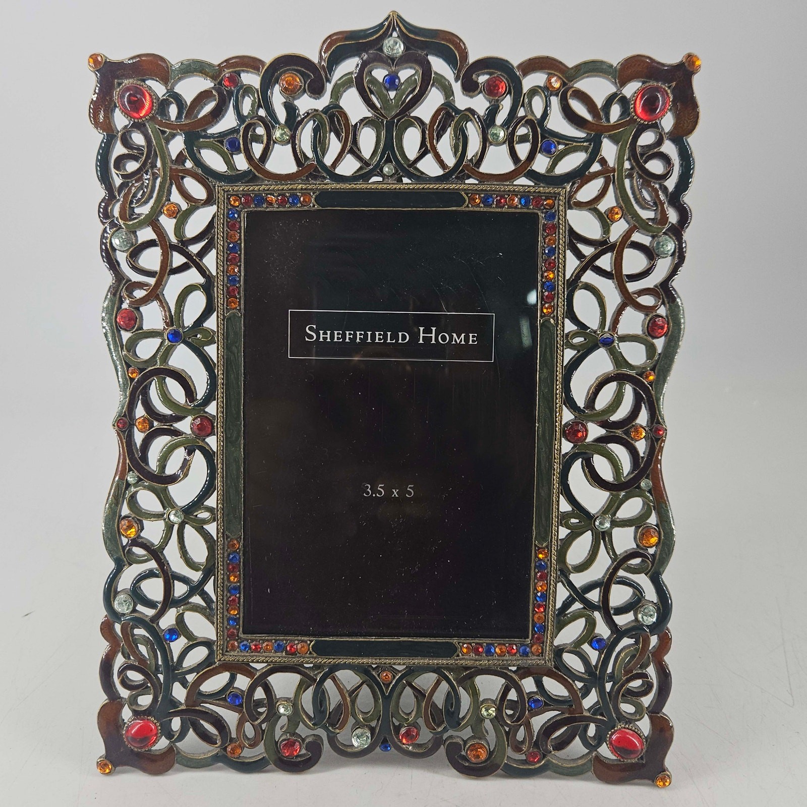 Vintage Ornate Jeweled Sheffield Home enamel Metal Filigree Photo Picture Frame