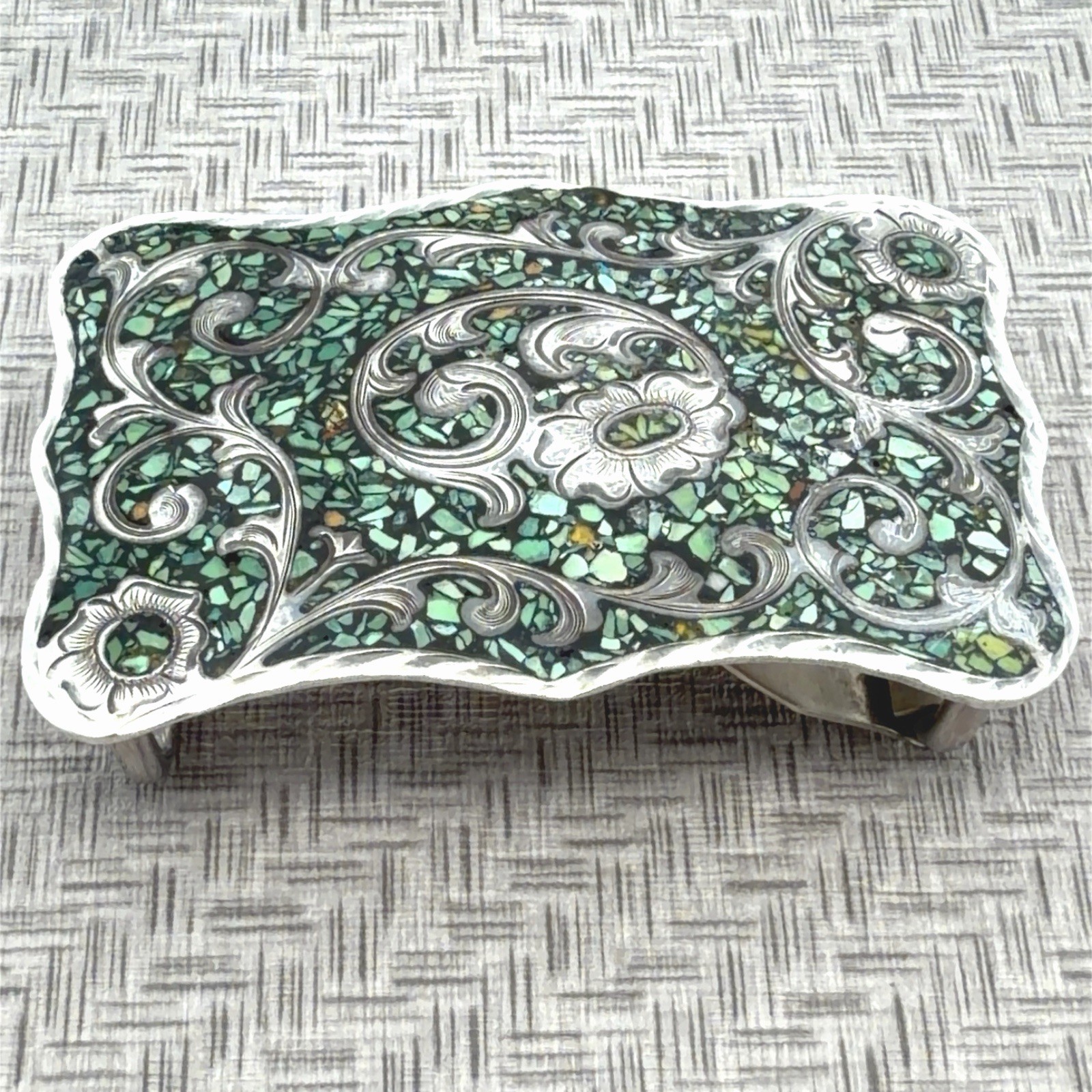 Diablo Sterling Silver, Crushed Turquoise Stone Mosaic Inlay Belt Buckle 54g