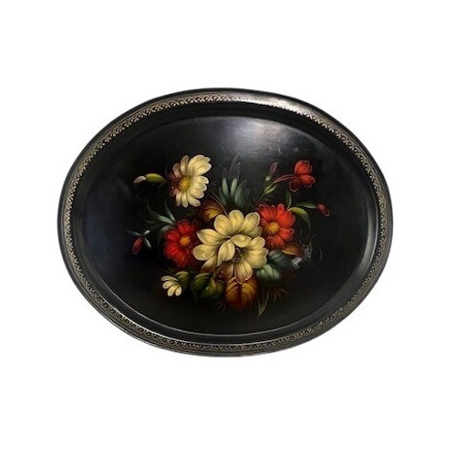 Vintage Zhostovo Russian Folk Art Hand Painted Tole Floral Tray USSR Large