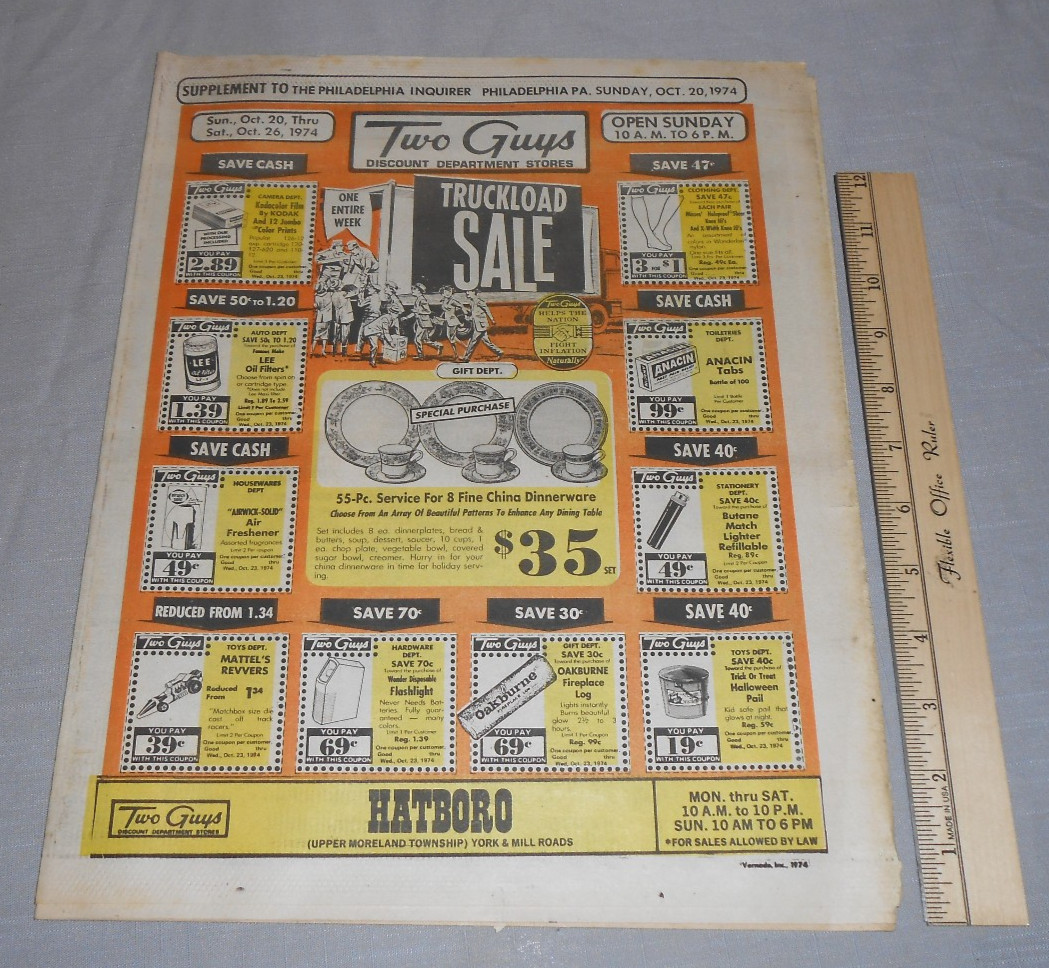 Vtg 1974 TWO GUYS Department Store Circular Ad Mattel Revvers Halloween Costumes Vtg 1974 TWO GUYS Department Store Circular Ad Mattel Revvers Halloween Costumes