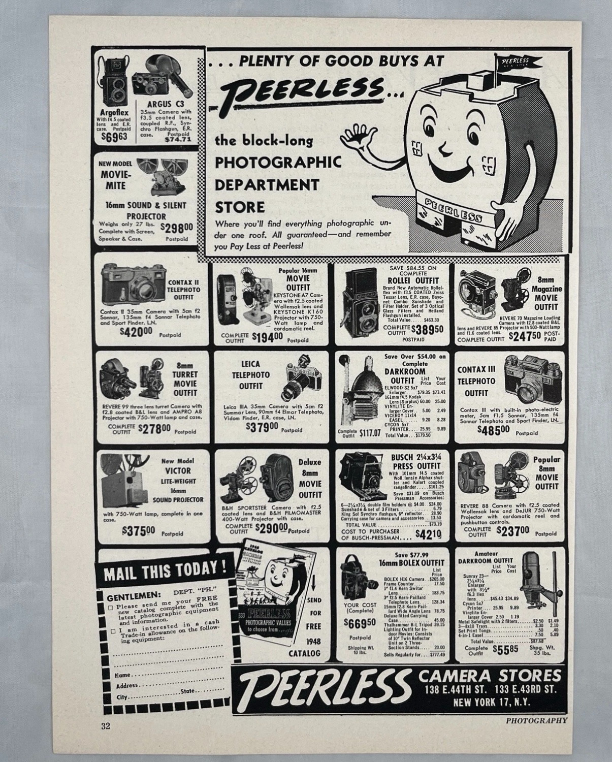 Vintage 1948 Peerless Camera Stores Photographic Catalog Page Price List Ad