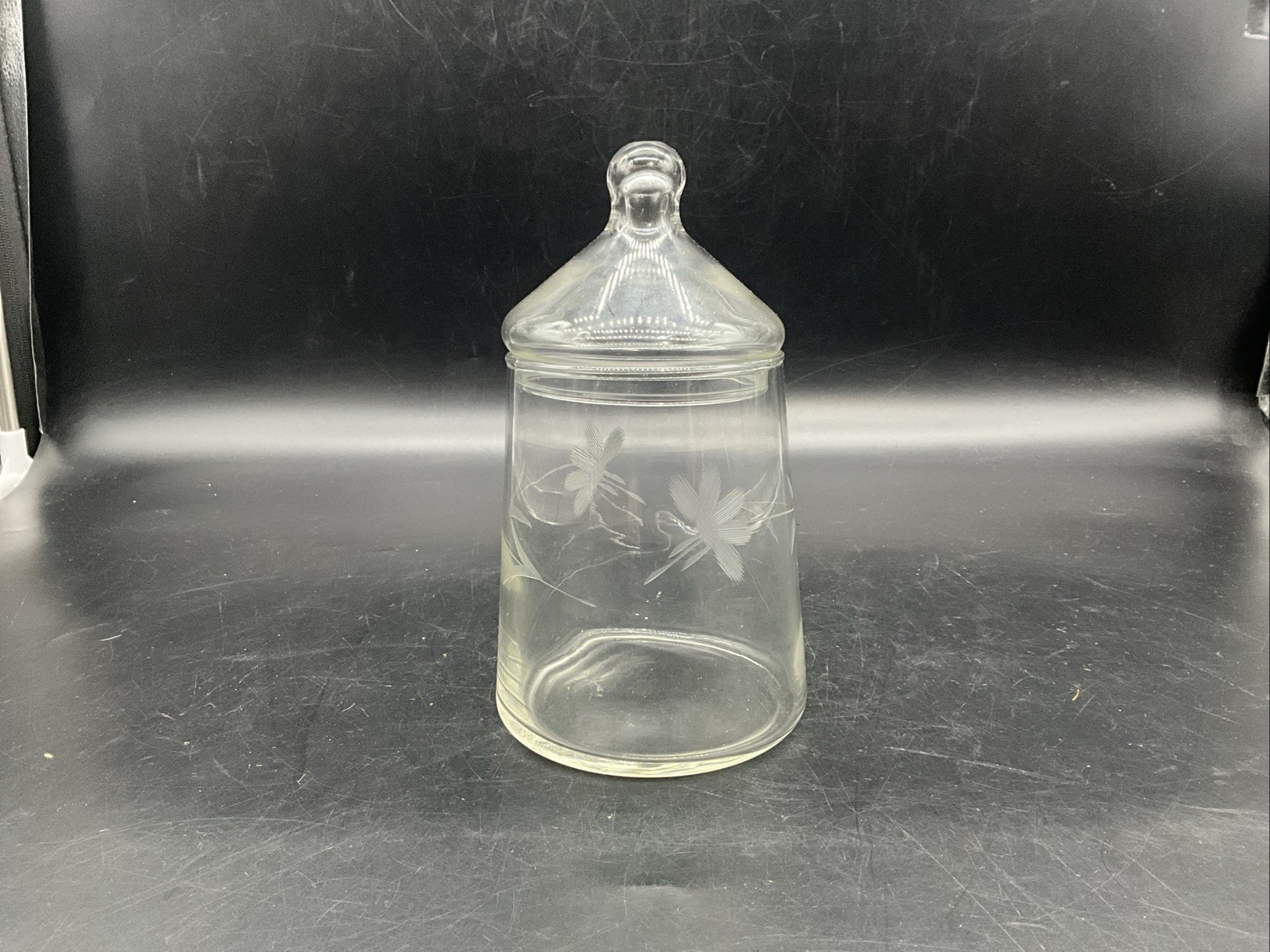 Vtg Floral Etched Glass Apothecary Canister Jar 7 1/2” T
