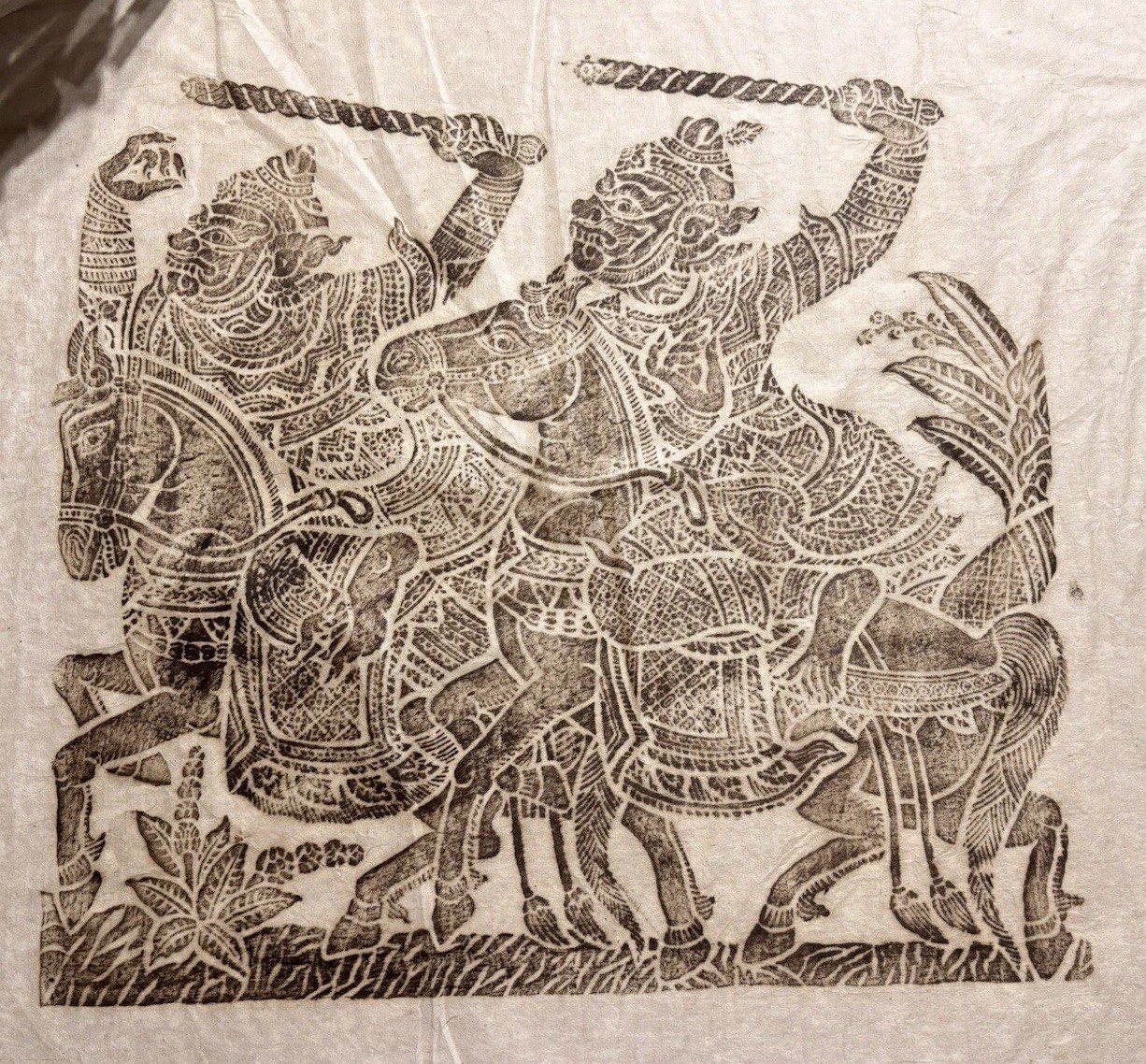 3 Thai Temple Rice Paper Rubbings, 1960's Vintage Thailand Art