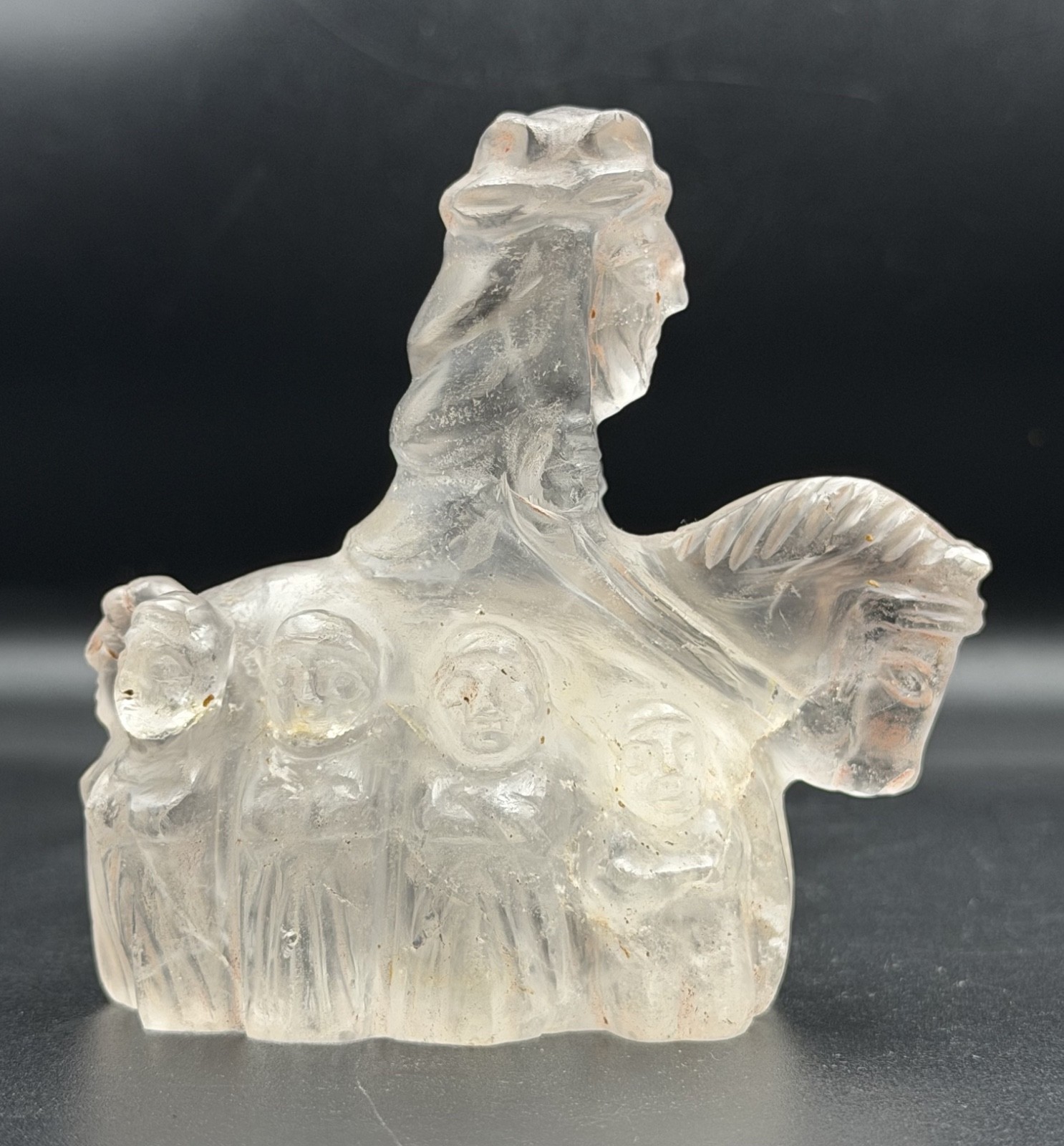 Hand Carved Natural Clear Quartz Horse Rider Surrounded by 9 Human Figures 8cm