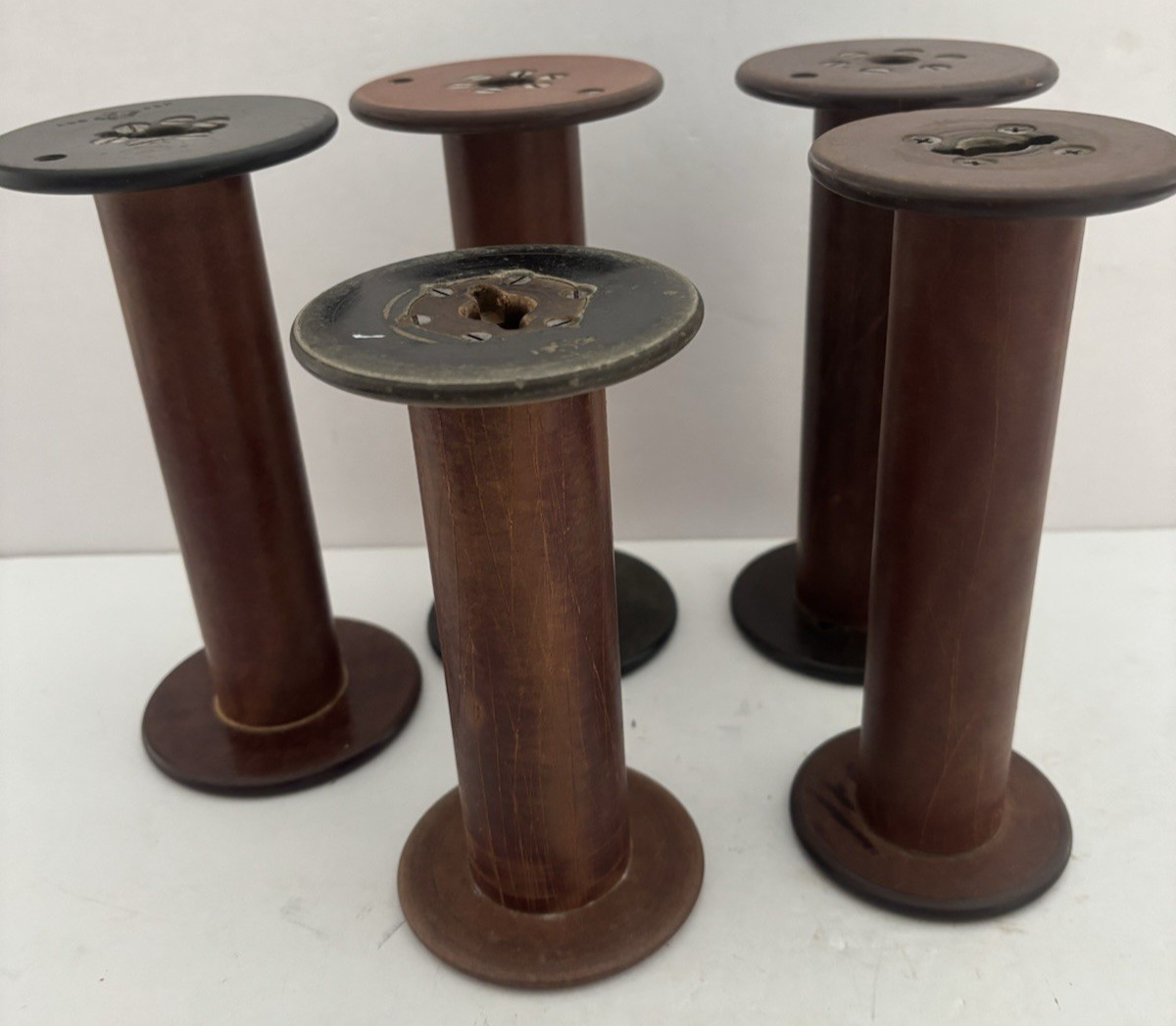 Lot of 5 Antique Wooden Industrial Textile Bobbins/Spools - 6-1/2