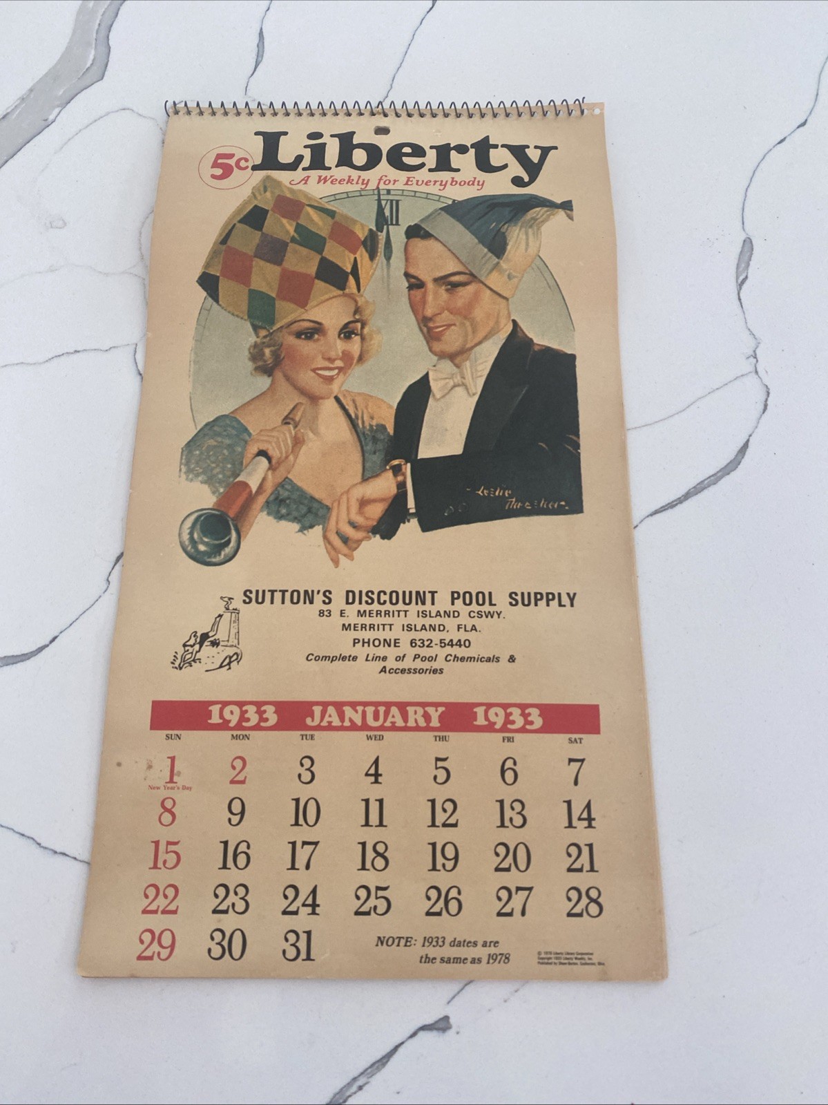 VINTAGE LIBERTY WEEKLY 1978 / 1933 CALENDAR SAME REPRINT COLORFUL ART CALIFORNIA