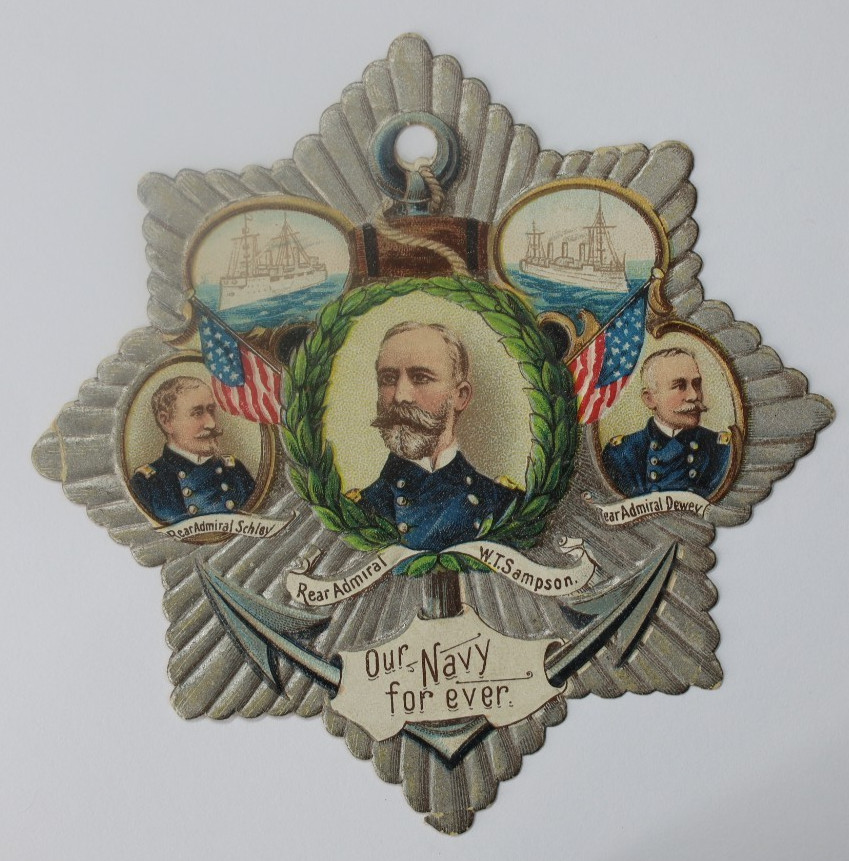 Spanish American War Victorian Embossed Fischer Piano Tag Our Navy Forever Dewey