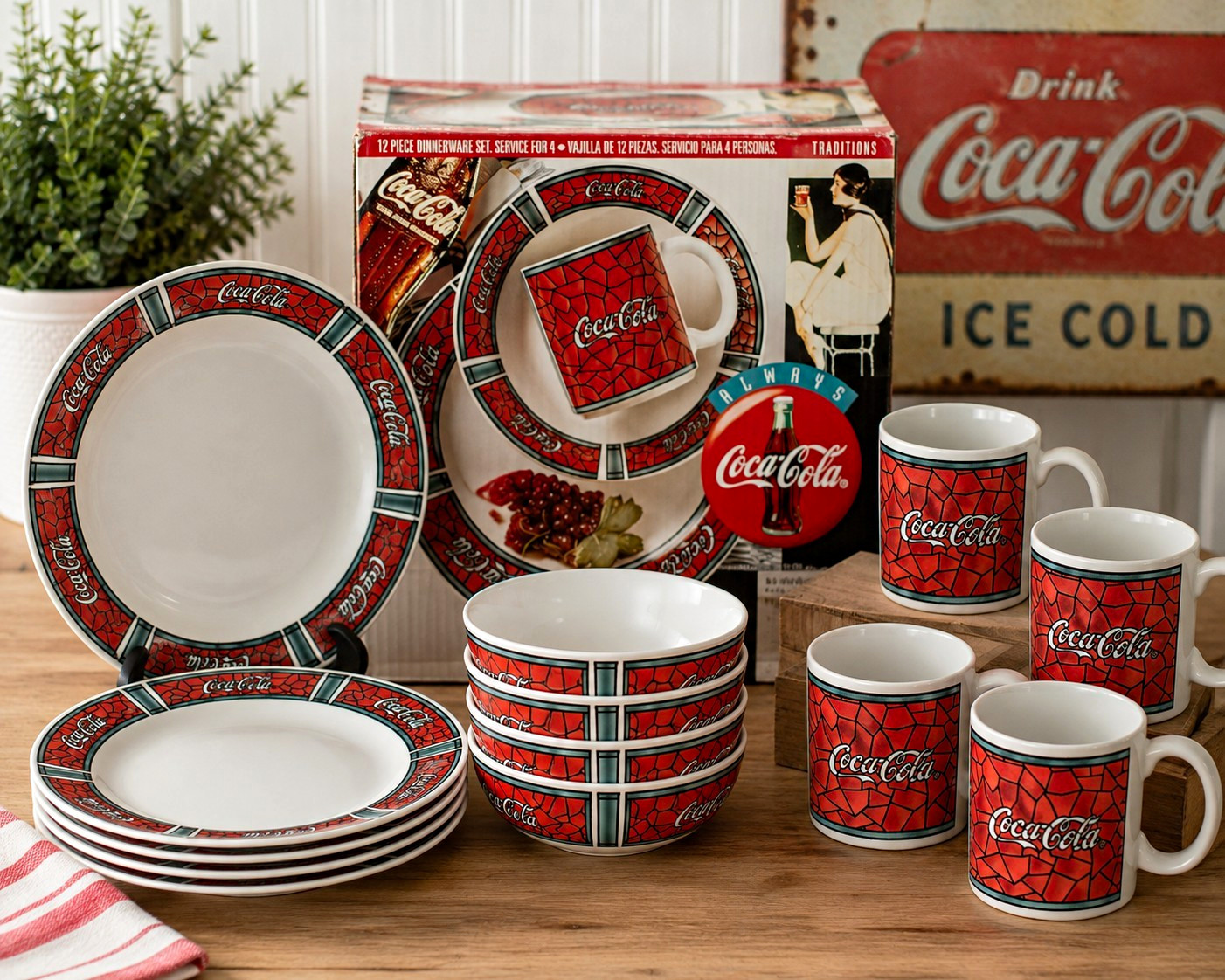 Vintage 1995 Coca-Cola Gibson Traditions 12 Piece Dinnerware Set Service for 4
