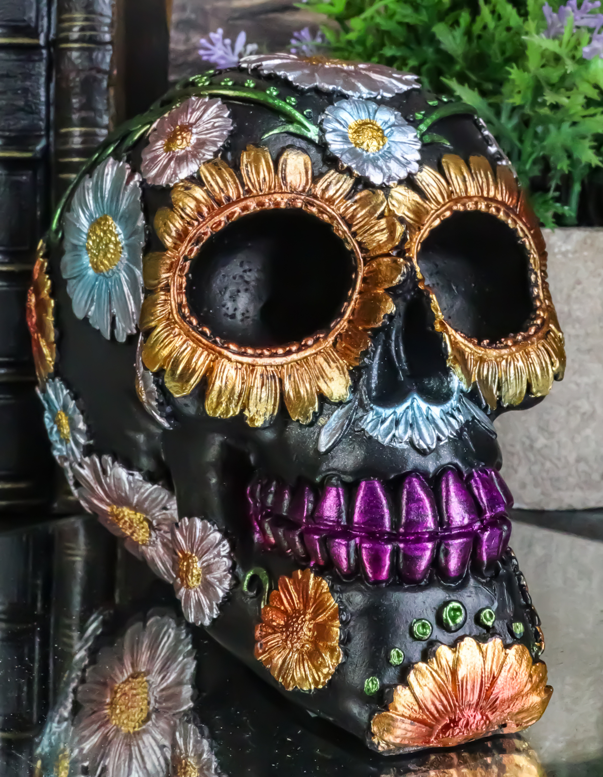 Ebros Black Day of The Dead Floral Blooms Sugar Skull Figurine Skulls 6\
