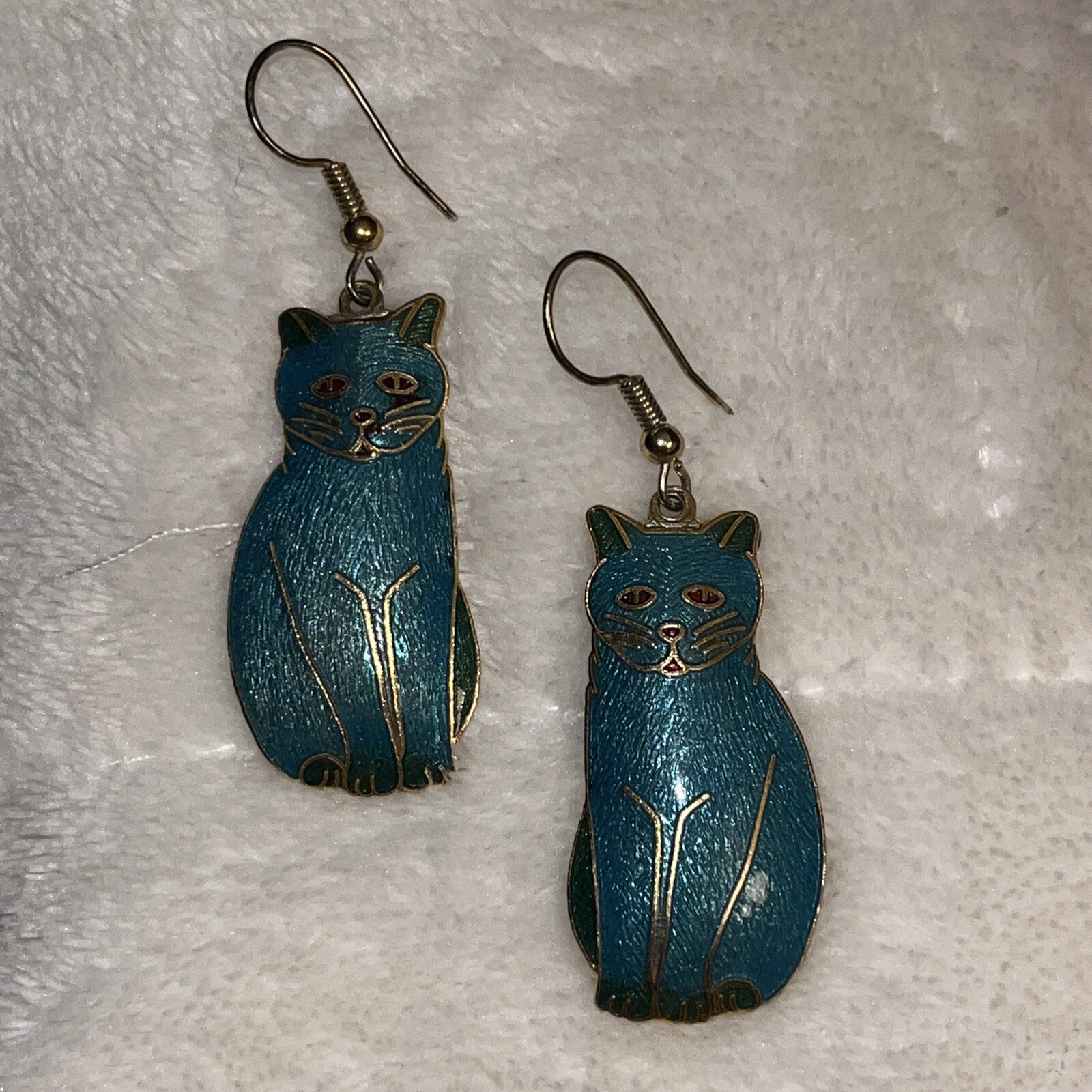 Cat Dangle Pierced Earrings Gold Tone Metal Teal Blue Enamel Cat Dangle Pierced Earrings Gold Tone Metal Teal Blue Enamel