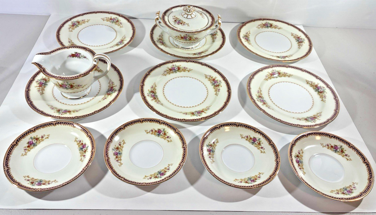 Vintage Noritake Occupied Japan 13 Piece China Set Maroon Floral Creamer Sugar