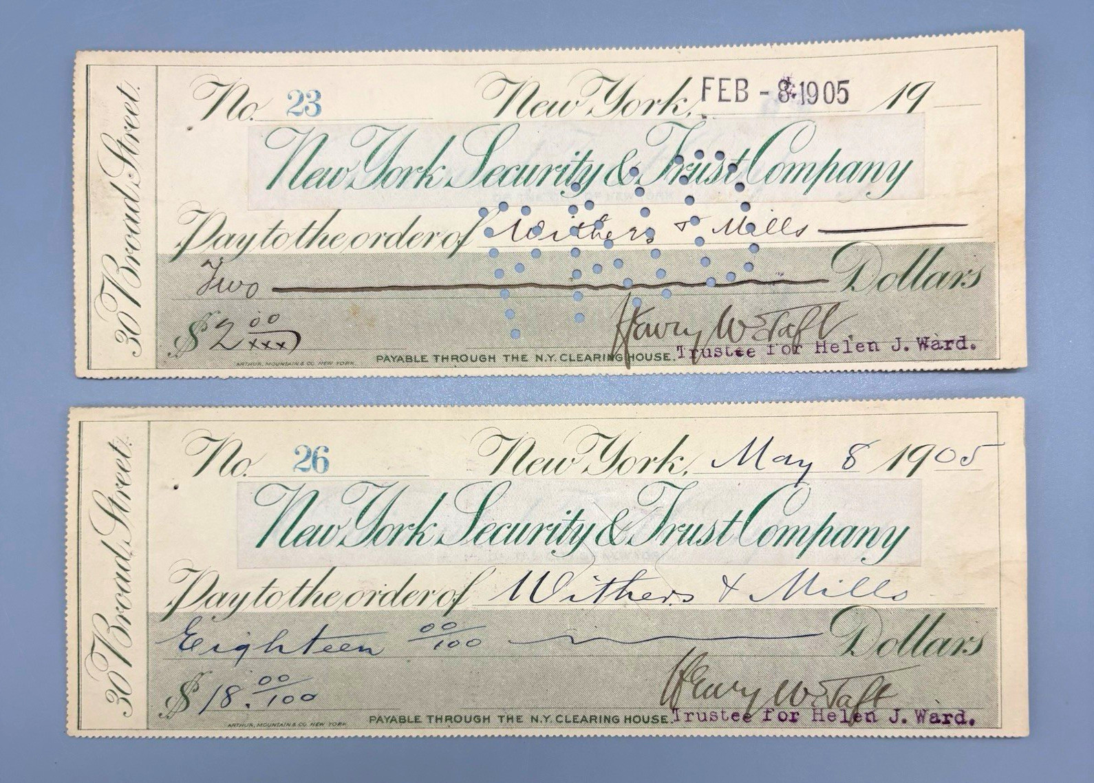 Vintage 1905 Henry W Taft Signed Checks Lot of 2 New York Security & Trust Co