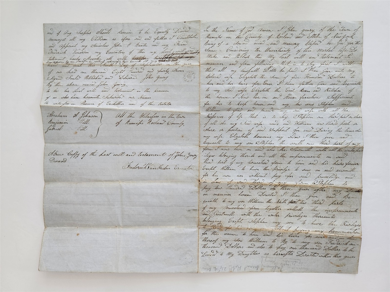 1841 antique WILL ramapo ny JOHN YOUNG rockland county estate probate