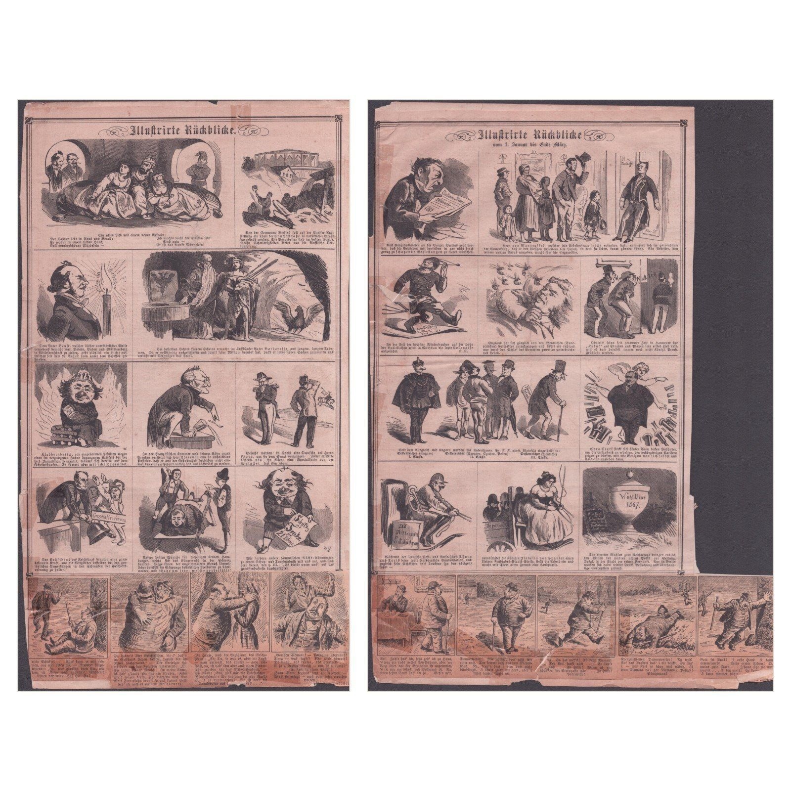 Antique German Satirical Broadside Illustrirte Rückblicke Woodcut Print 1867