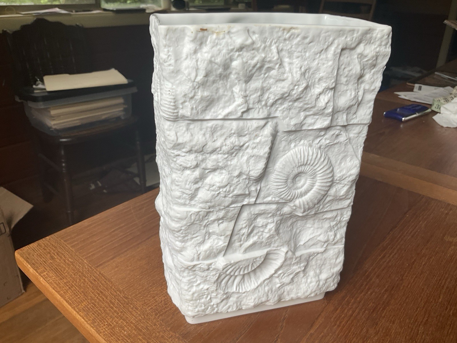 Vintage A K Kaiser Tall Vase White Fossil Design 8.75” Bisque Porcelain Germany