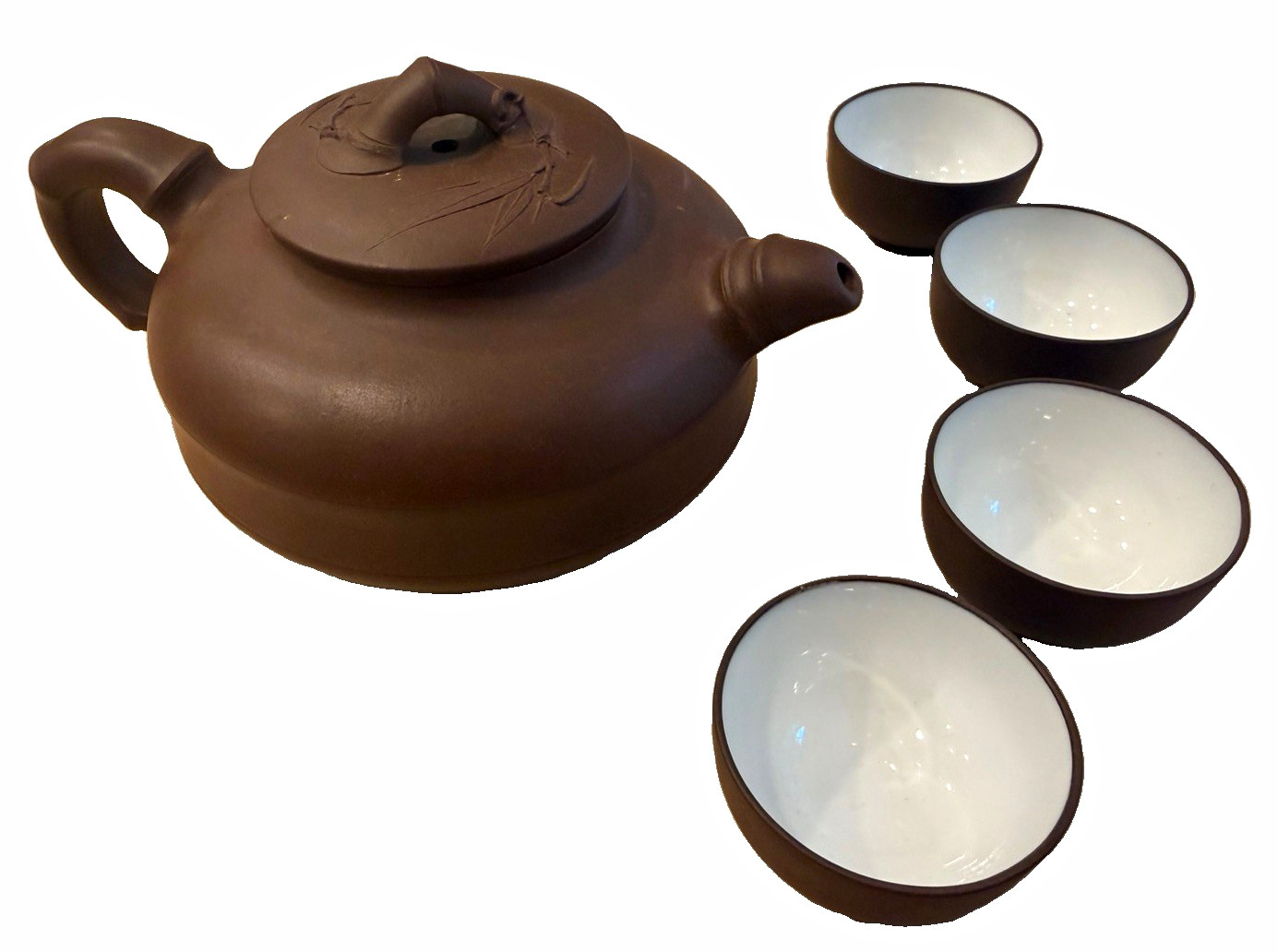 Vintage Chinese Yixing Zisha Teapot Set 4 Cups Bamboo Relief Stamped China Vintage Chinese Yixing Zisha Teapot Set 4 Cups Bamboo Relief Stamped China