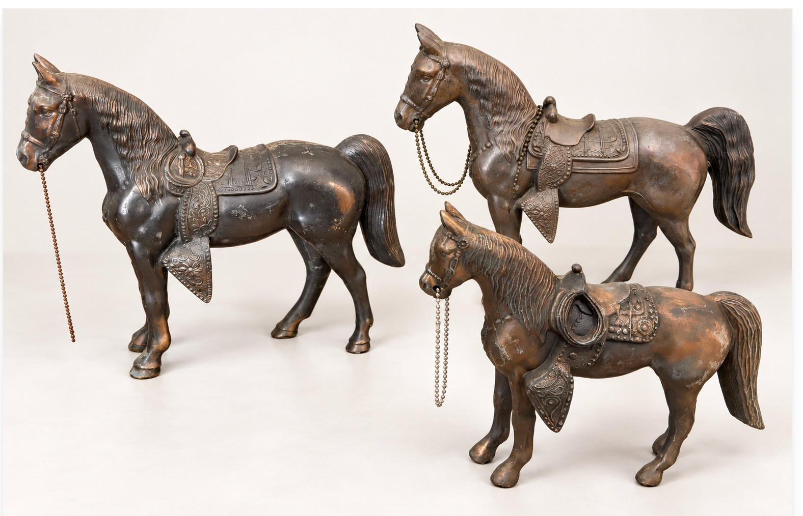 Vintage 3 Metal Horse Statue w/ Saddle, Bridle & Chain Reins Bronze/Brass Tone