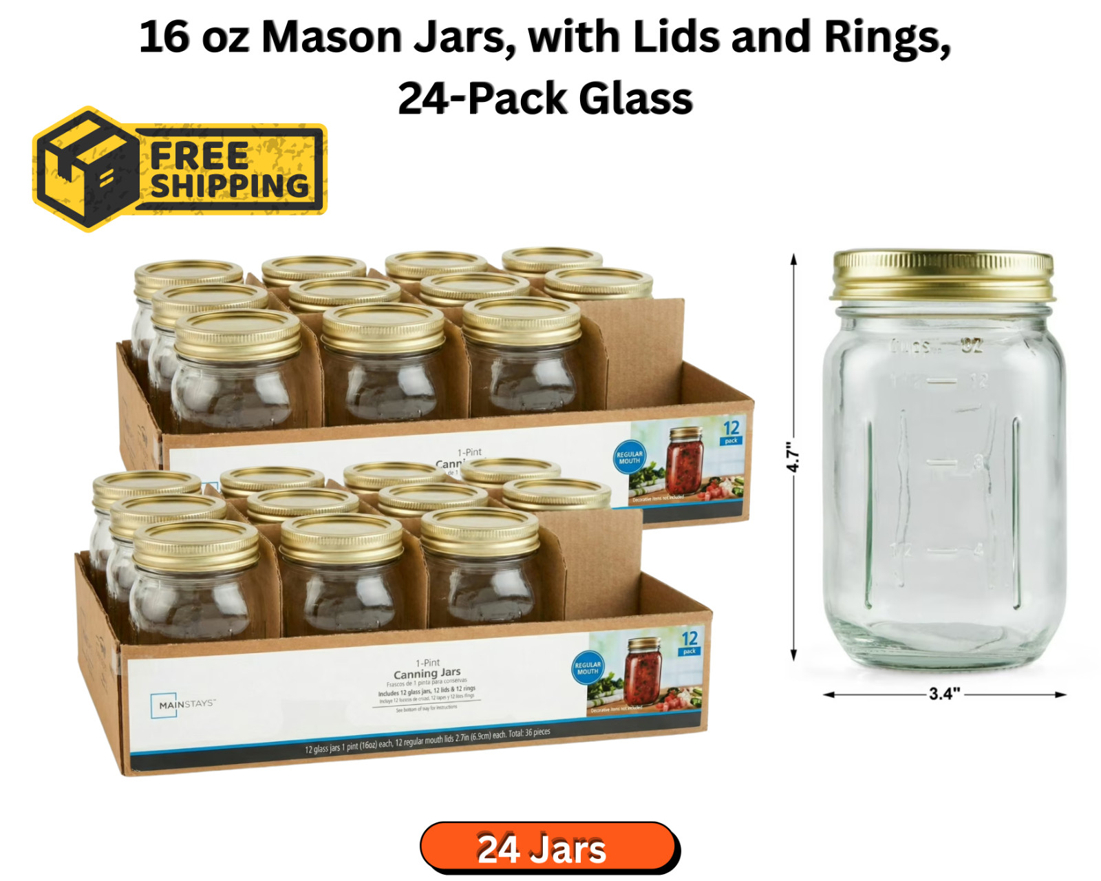 Regular Mouth 16 Oz Mason Jars 24Pk, Pint Canning Jars and Lids, Bulk Glass Jars Regular Mouth 16 Oz Mason Jars 24Pk, Pint Canning Jars and Lids, Bulk Glass Jars