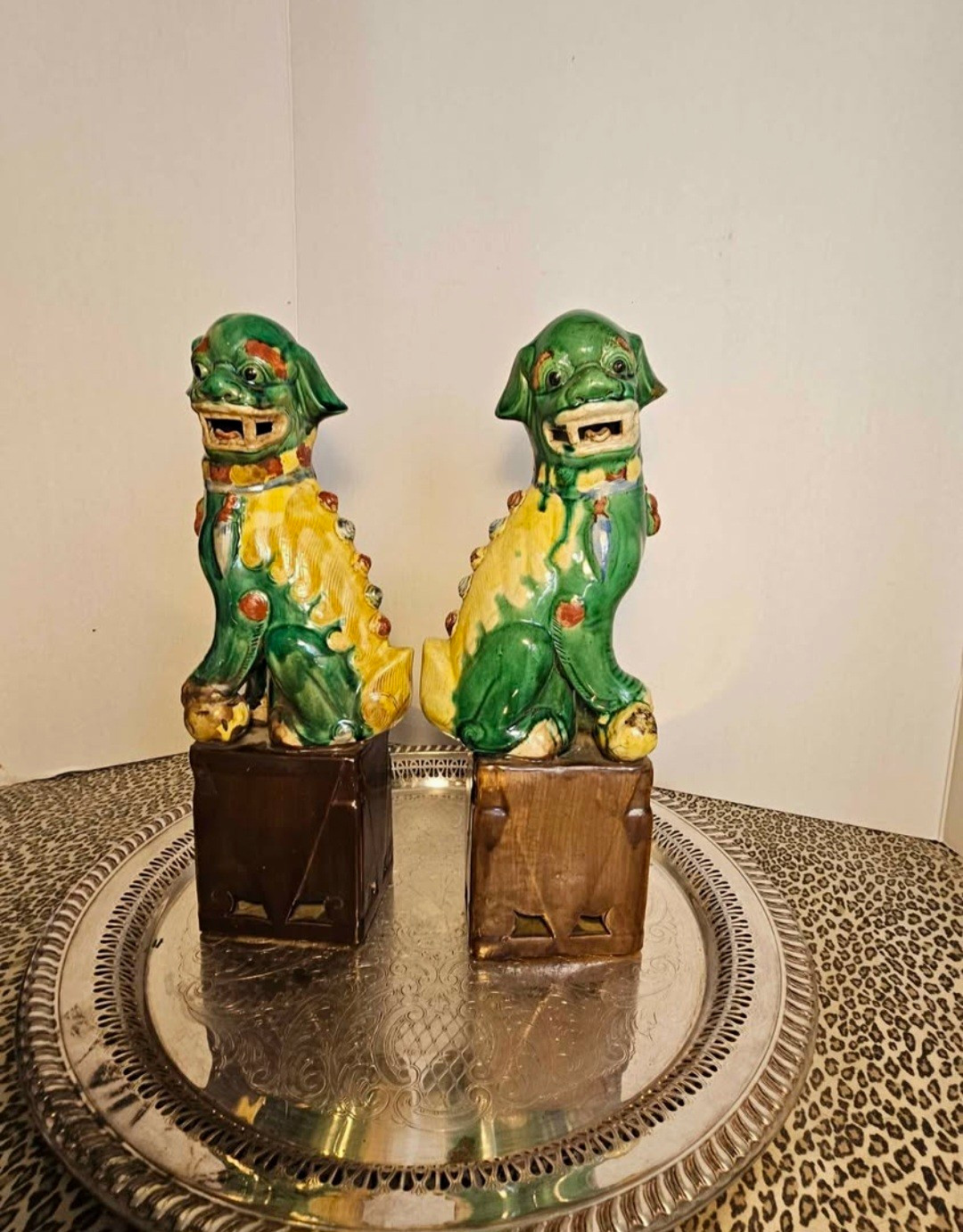 Pair Green Glazed Ceramic Foo Dog Figurines on Pedestal/Square Bases