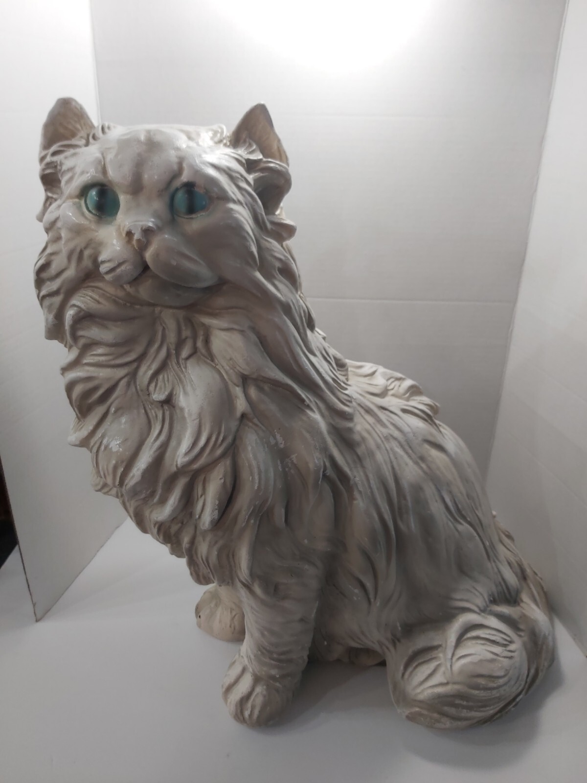 Persian Cat Chalkware Vintage 22 Inches Large Rare Size MCM White Cat Blue Eyes
