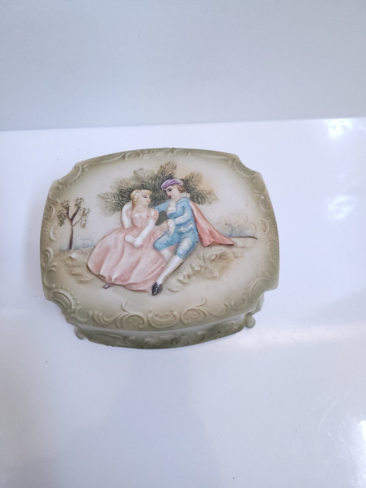 E W Vintage Victorian Footed Ceramic Trinket Box W Lid Handpainted