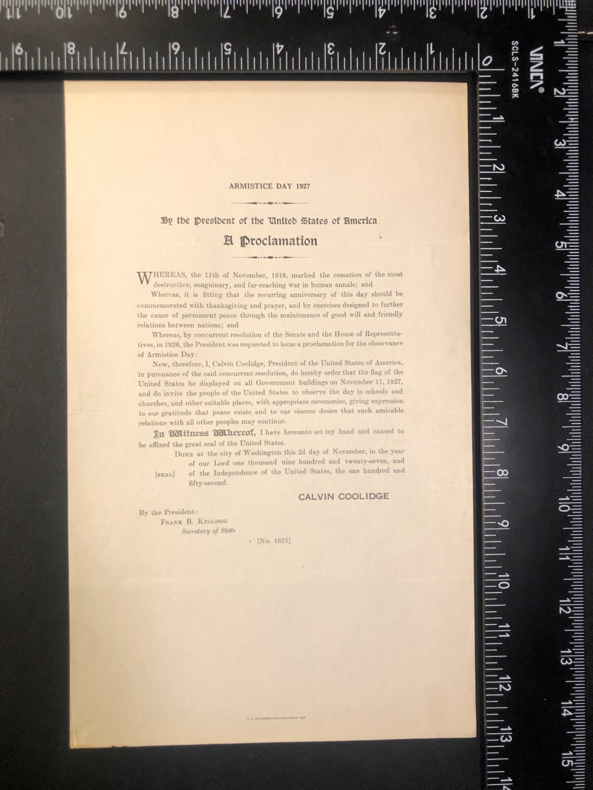 Official Presidential Proclamation: Armistice Day 1927; Calvin Coolidge